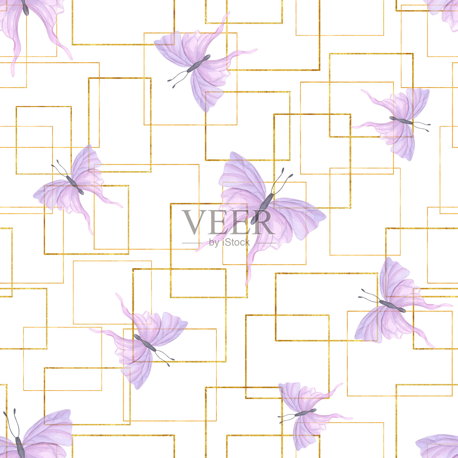 水彩粉色蝴蝶在金色交织轮廓框架上的无缝图案,背景独立。抽象飞行昆虫与金色装饰纹理。适用于纺织品和包装。插画图片素材