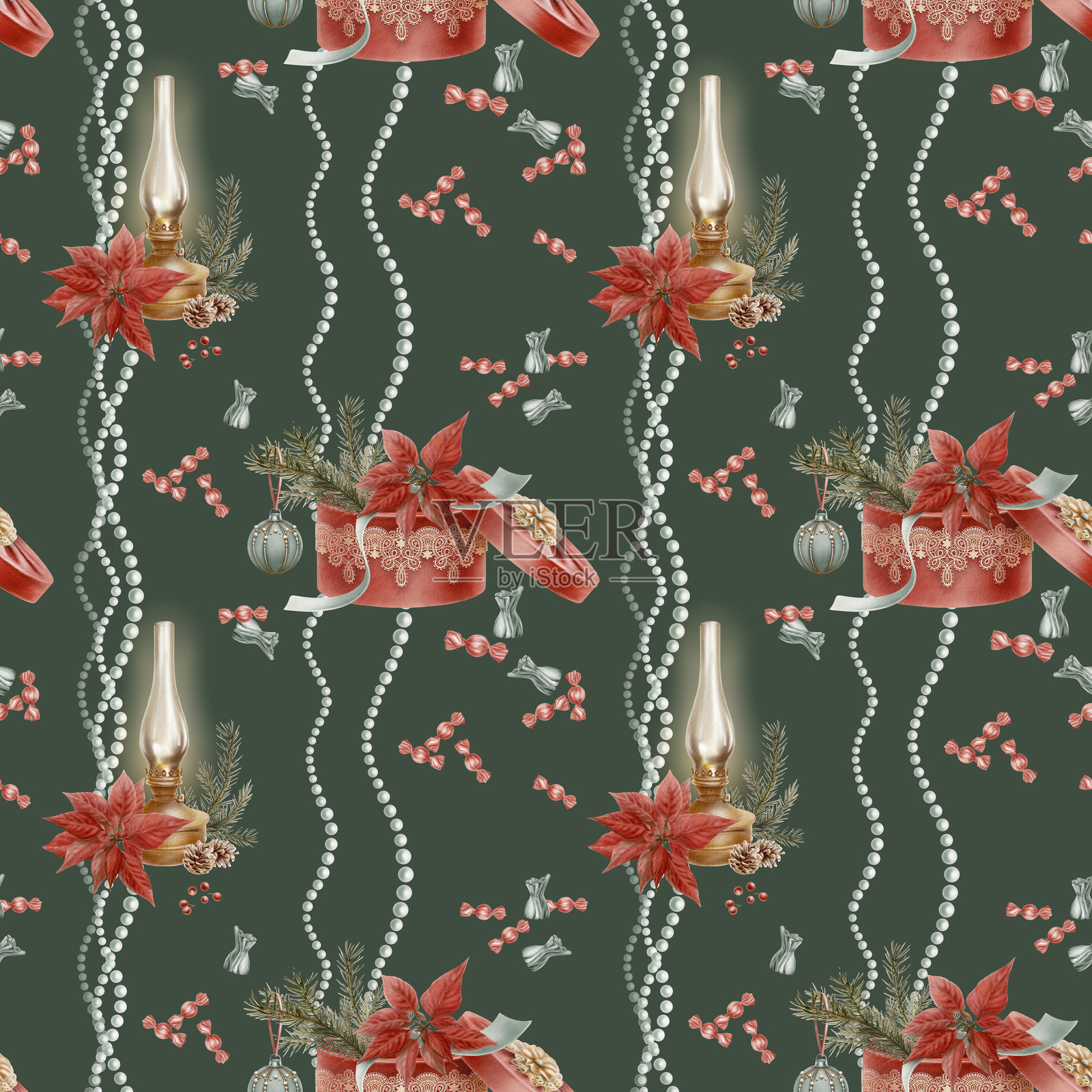 复古圣诞无缝图案,圆形帽盒带盖,外覆红色天鹅绒,配有蕾丝缎带,旁边有云杉枝、圣诞树球、一品红、糖果、古老的发光灯、浆果和珍珠珠子。插画图片素材