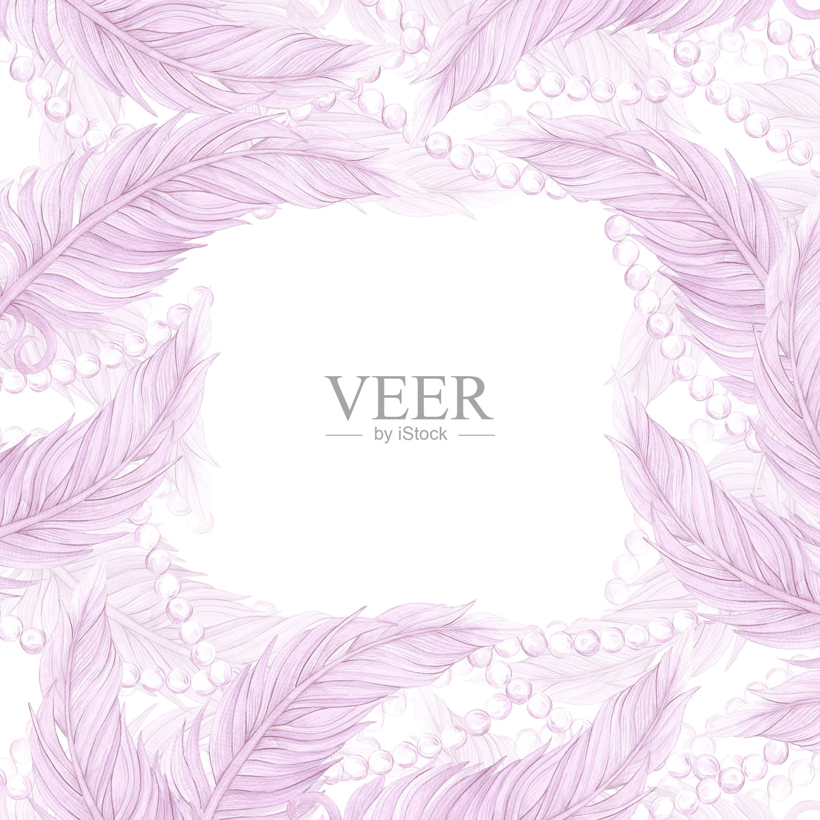 粉色羽毛与珍珠边框的狂欢节插图。手绘水彩面具插图,独立于白色背景。可用于明信片、标签、剪贴簿及其他印刷产品。插画图片素材