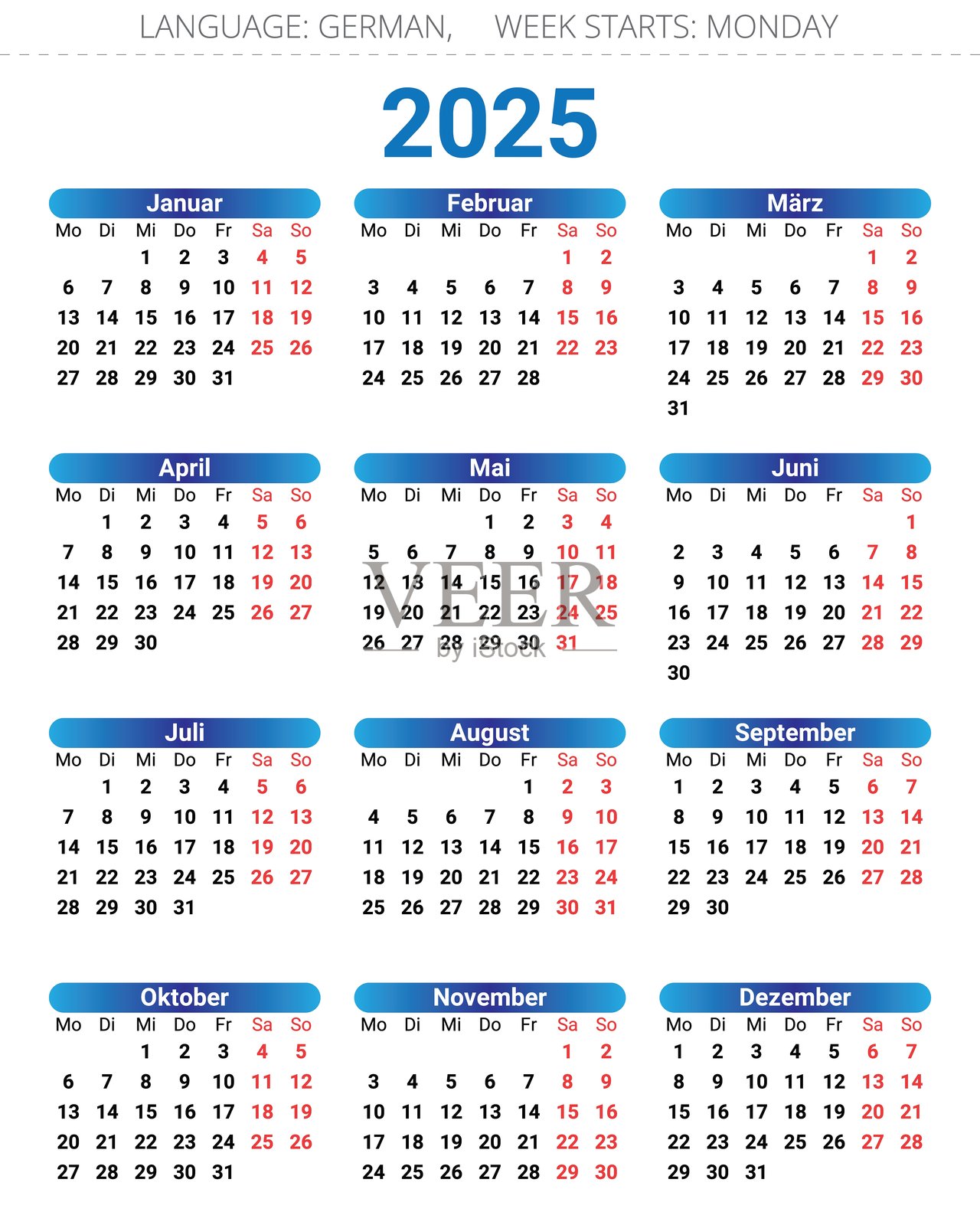 2025年德国日历:带有矢量插图的年度计划表插画图片素材