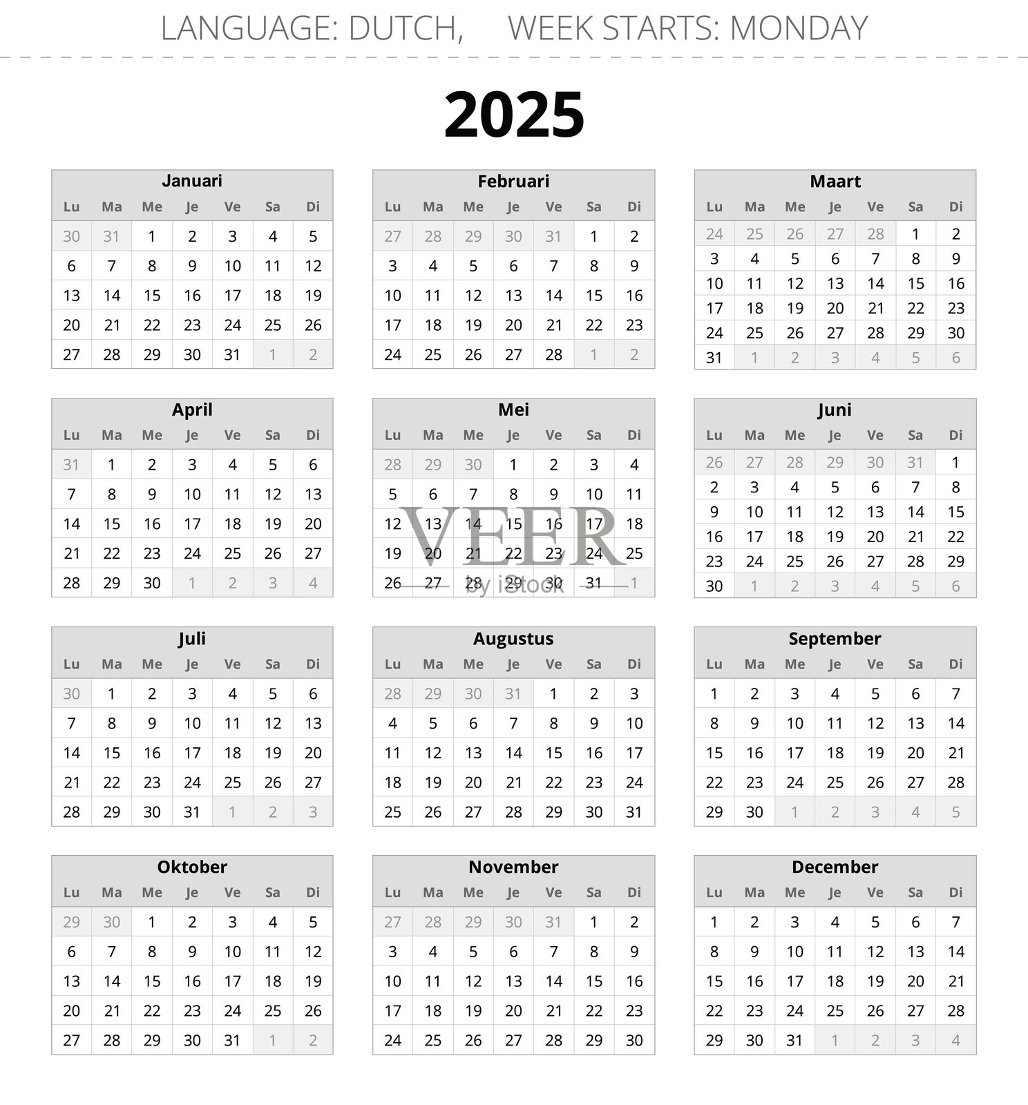 2025年荷兰日历。荷兰矢量插图。12个月日历插画图片素材