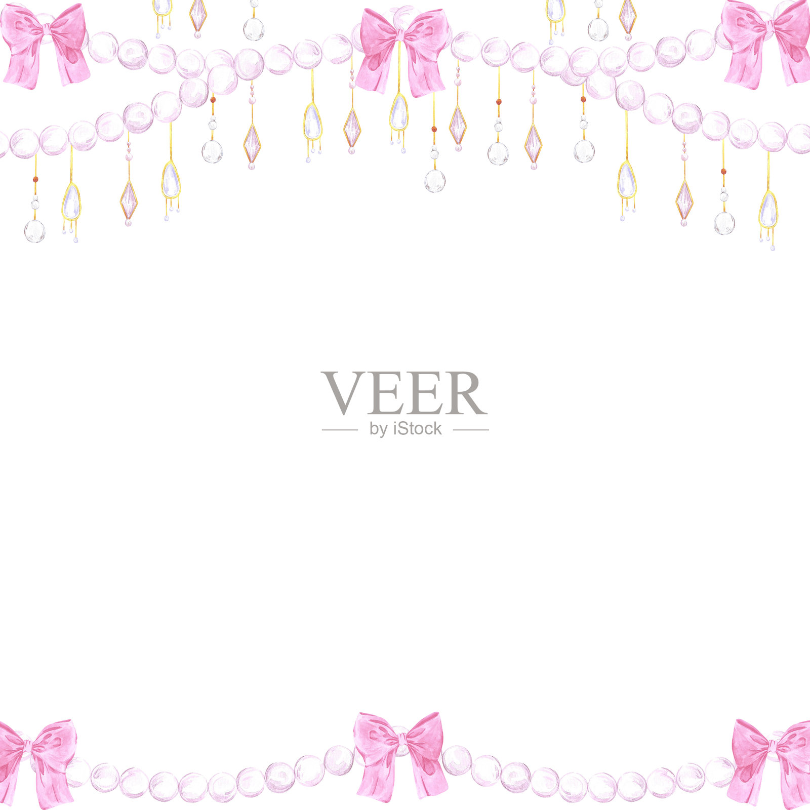 圣诞花环边框。手绘水彩插图,描绘了带有蝴蝶结的珠子串,背景为白色。可用于明信片、邀请函及其他印刷产品。插画图片素材