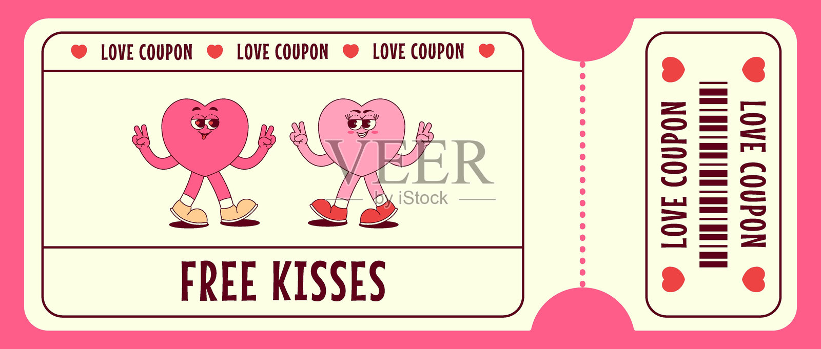 复古风格的可爱心形角色爱情优惠券。免费亲吻。情人节,2月14日及其他爱情节日。横向矢量插图。插画图片素材