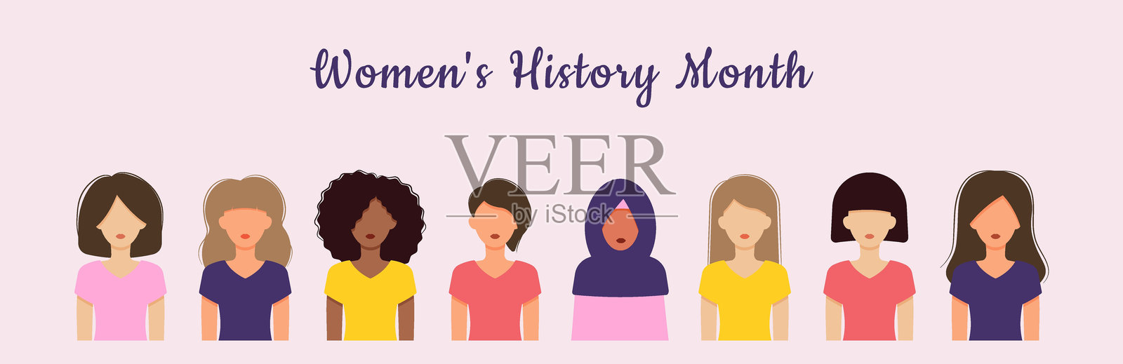 女性历史月横幅。国际妇女节3月8日。不同种族、年龄、发色等的女性群体。扁平矢量插图。插画图片素材