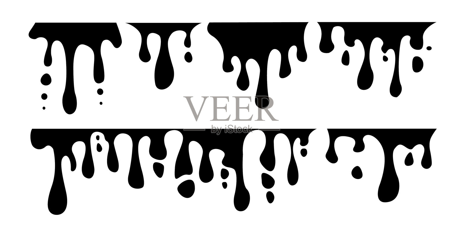 一组在白色背景上滴落的黑色液体或油漆形状。插画图片素材
