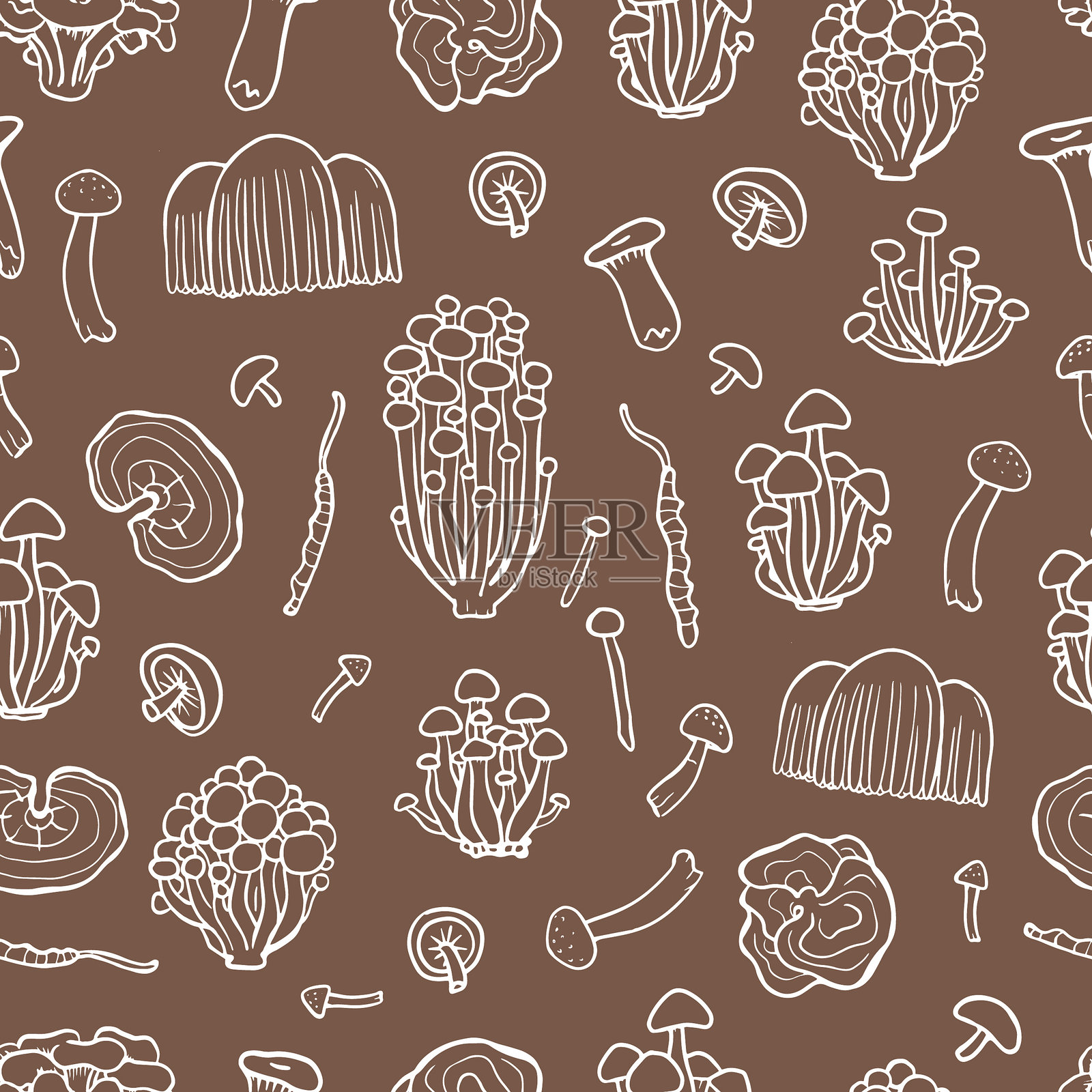 米色背景上的真菌无缝图案。插图包括白玉菇、榧子菇、香菇、虫草、火鸡尾和狮子鬃蘑菇。手绘药用蘑菇。插画图片素材