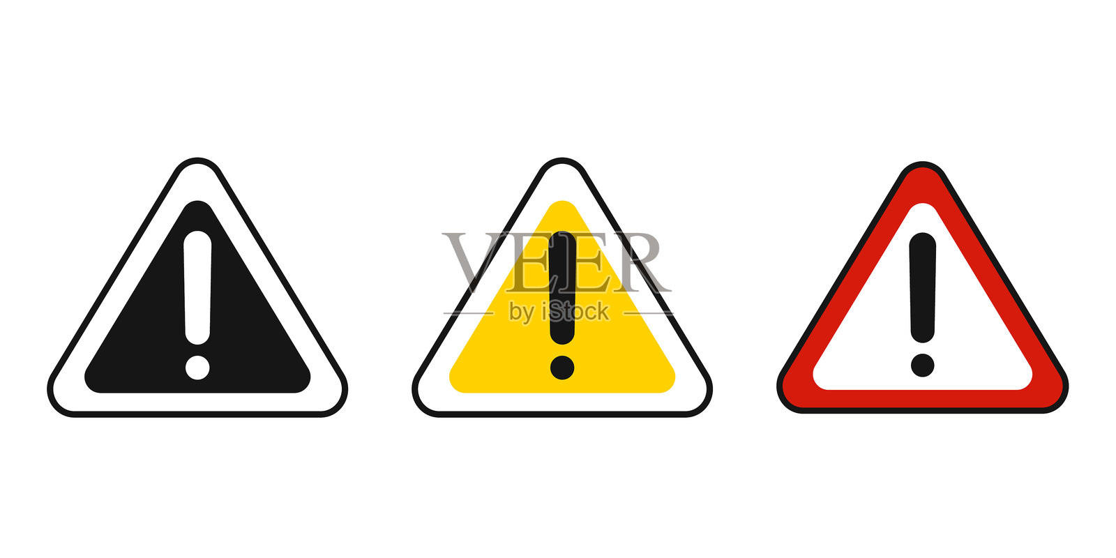 三种黑色、黄色和红色变体的警告标志,带有感叹号。警告图标概念。插画图片素材