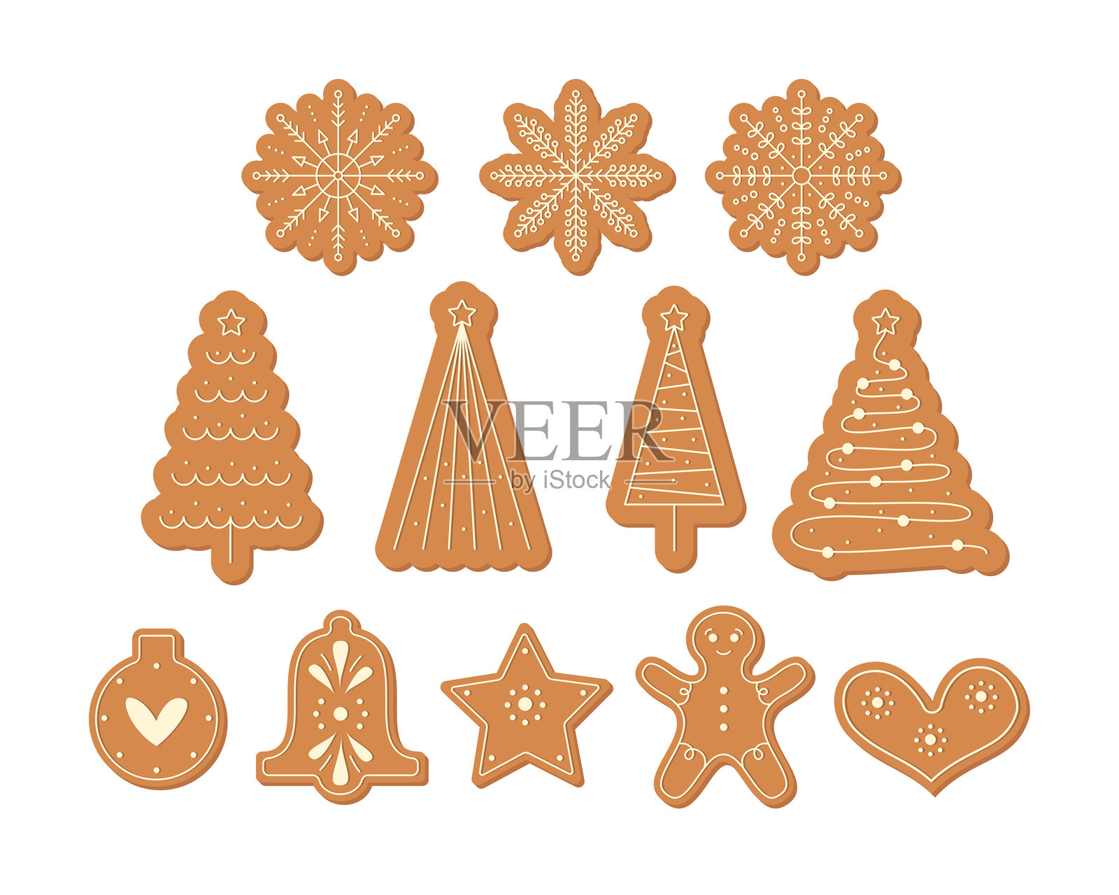 姜饼饼干套装。圣诞节和新年食品系列。家居节日烘焙铃铛、星星、心形、姜饼人、雪花。插画图片素材