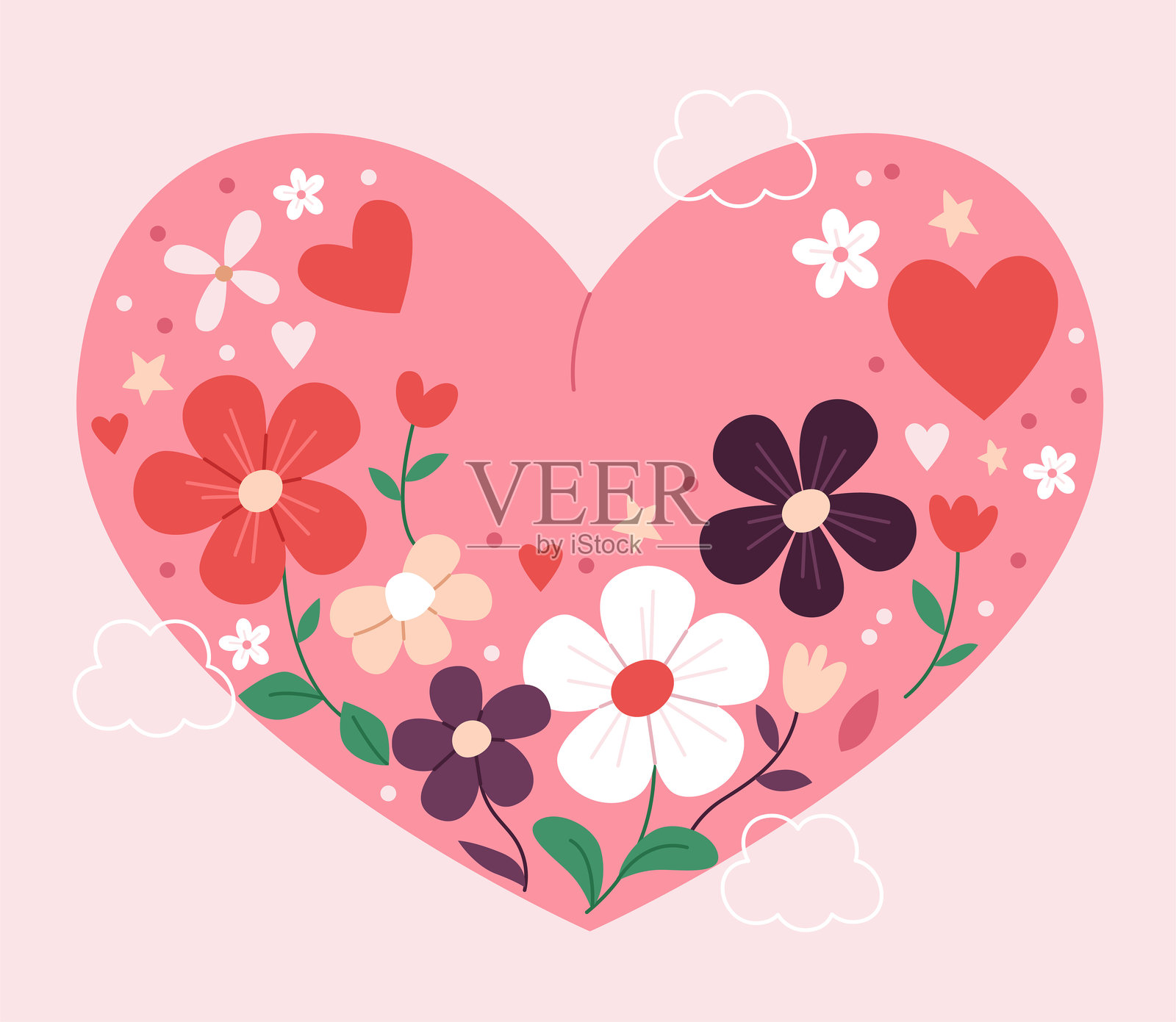 大心形中有花朵、星星和爱心。粉色的情人节贺卡。插画图片素材