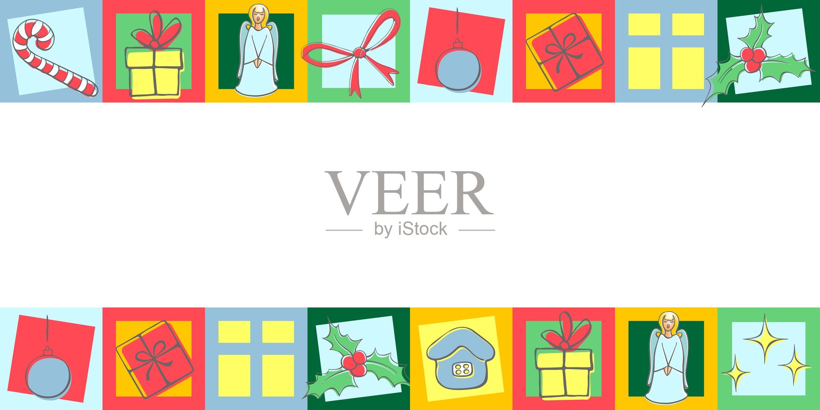 节日圣诞假日图标的矢量背景、框架和边框,采用平面风格。现代几何圣诞马赛克,独立设计。上下边缘,明亮的装饰。插画图片素材