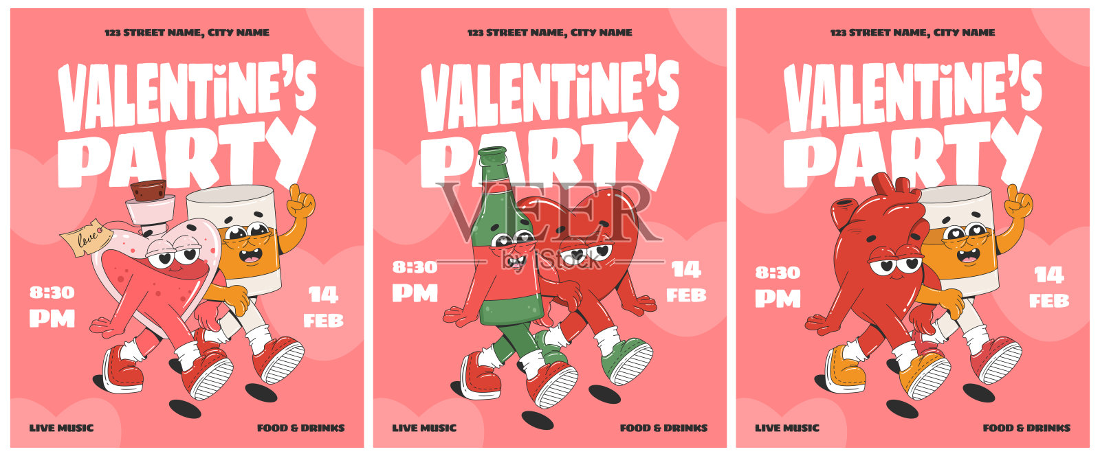 复古情人节派对传单,配有时髦的卡通角色。适用于传单、贺卡、横幅和海报。爱情主题。插画图片素材