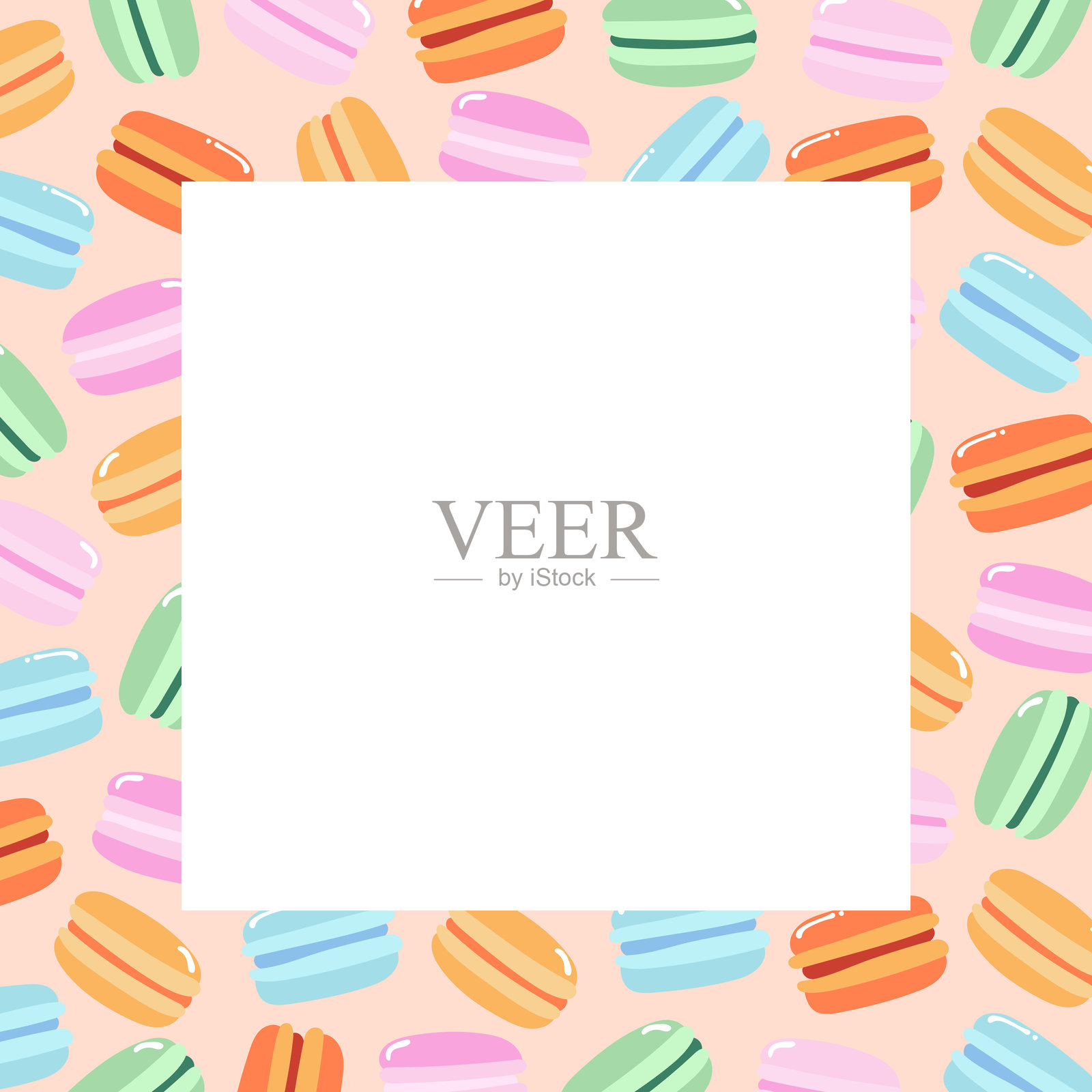 由各种口味的彩色马卡龙制成的装饰框架。适用于横幅、卡片、传单、社交媒体壁纸等背景。插画图片素材