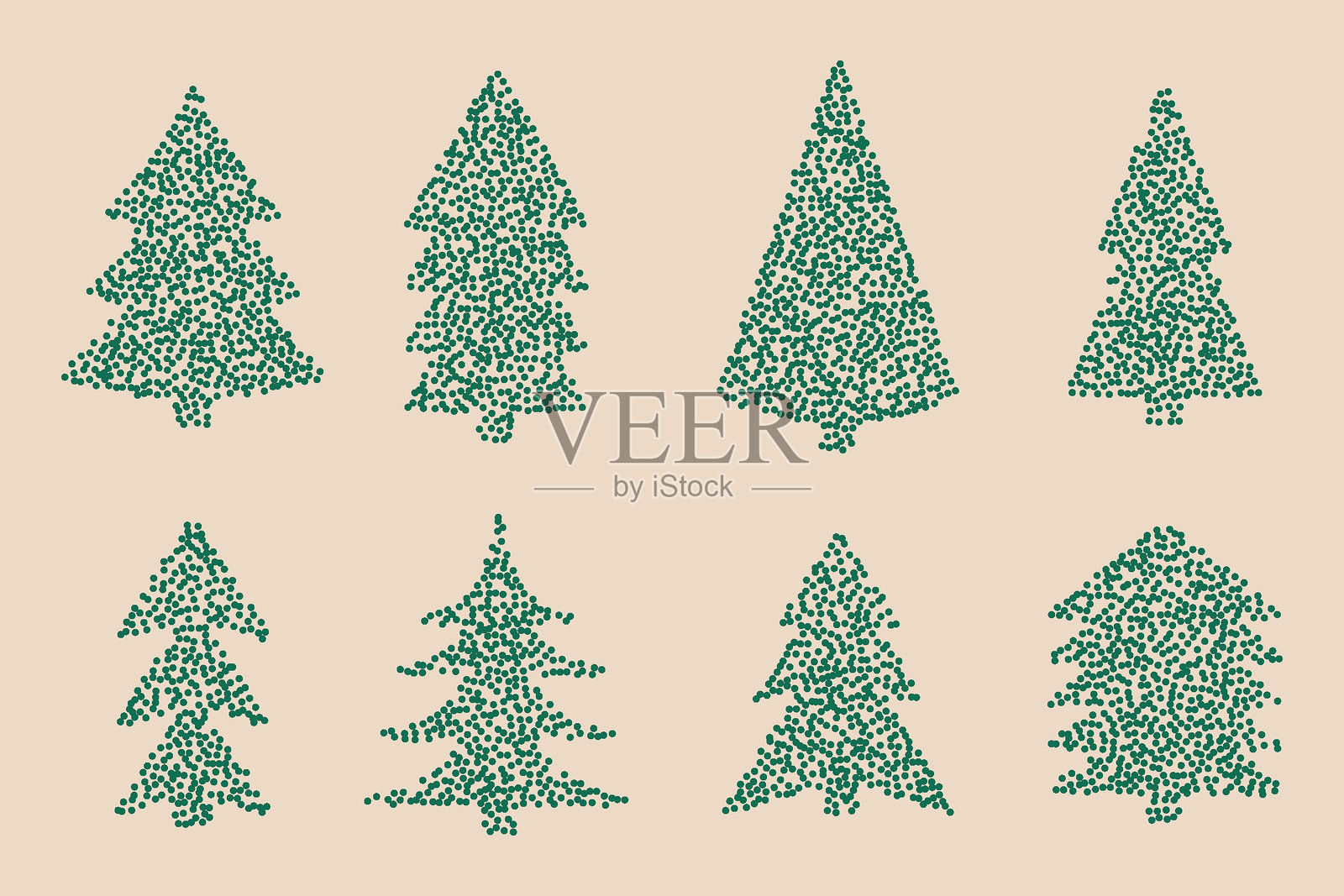 时尚的圣诞树与点状图案。纹理丰富的绿色冷杉元素集合插画图片素材