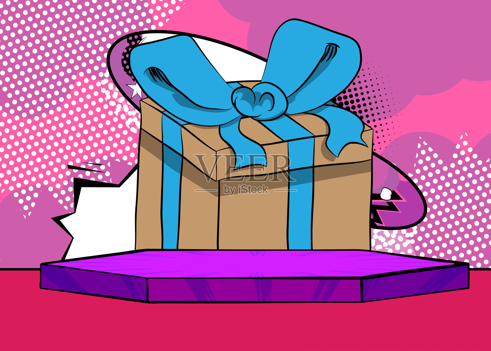 漫画书产品展示台用于模拟演示,配有礼品盒。复古漫画背景。插画图片素材