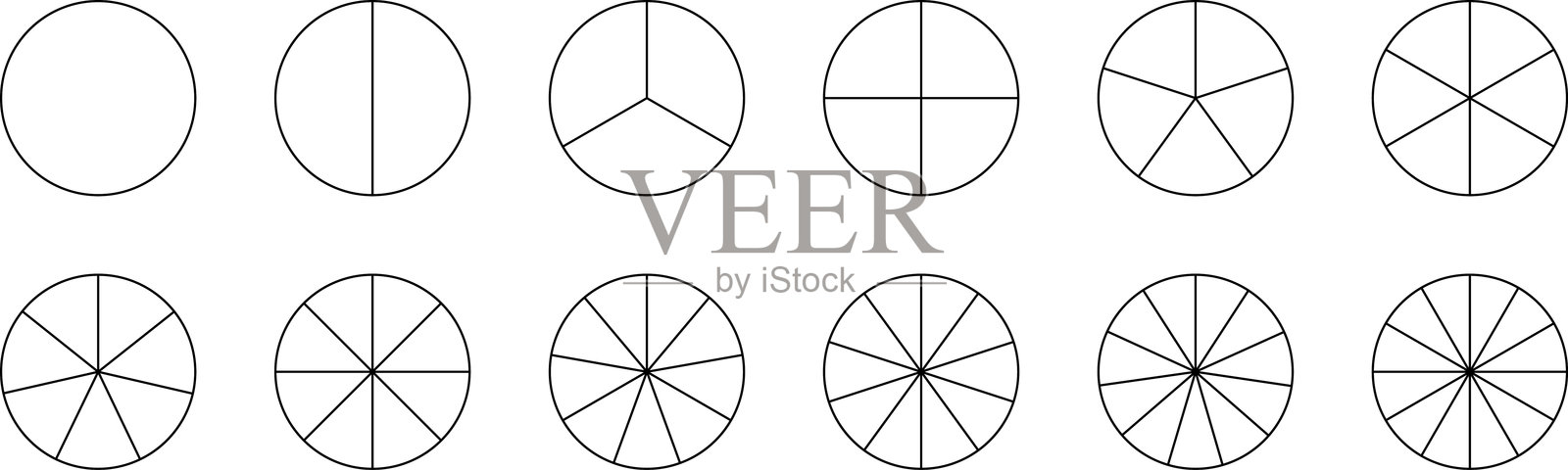 分数饼图几何数学教育图表。分数饼图。数学用的分数饼图。带有切片的圆饼。分段切片集合。分为1到12段的圆形分段孤立矢量插图。插画图片素材