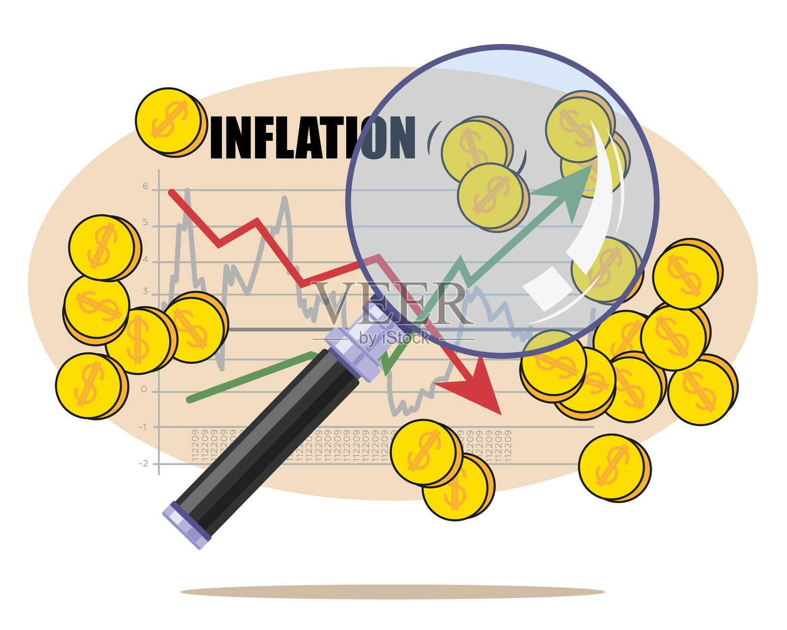 通货膨胀检查。货币与图形。插画图片素材