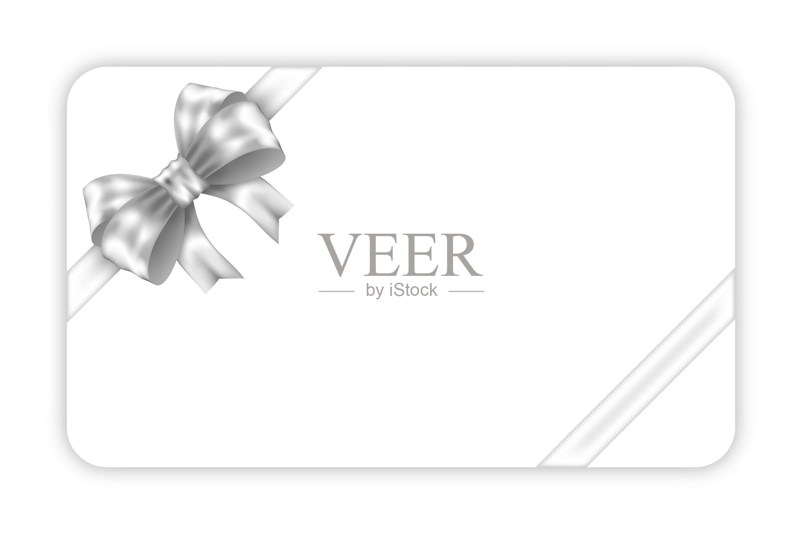 白色礼品卡样品,上面有两条斜向的银色丝带和银色蝴蝶结,背景为白色。插画图片素材