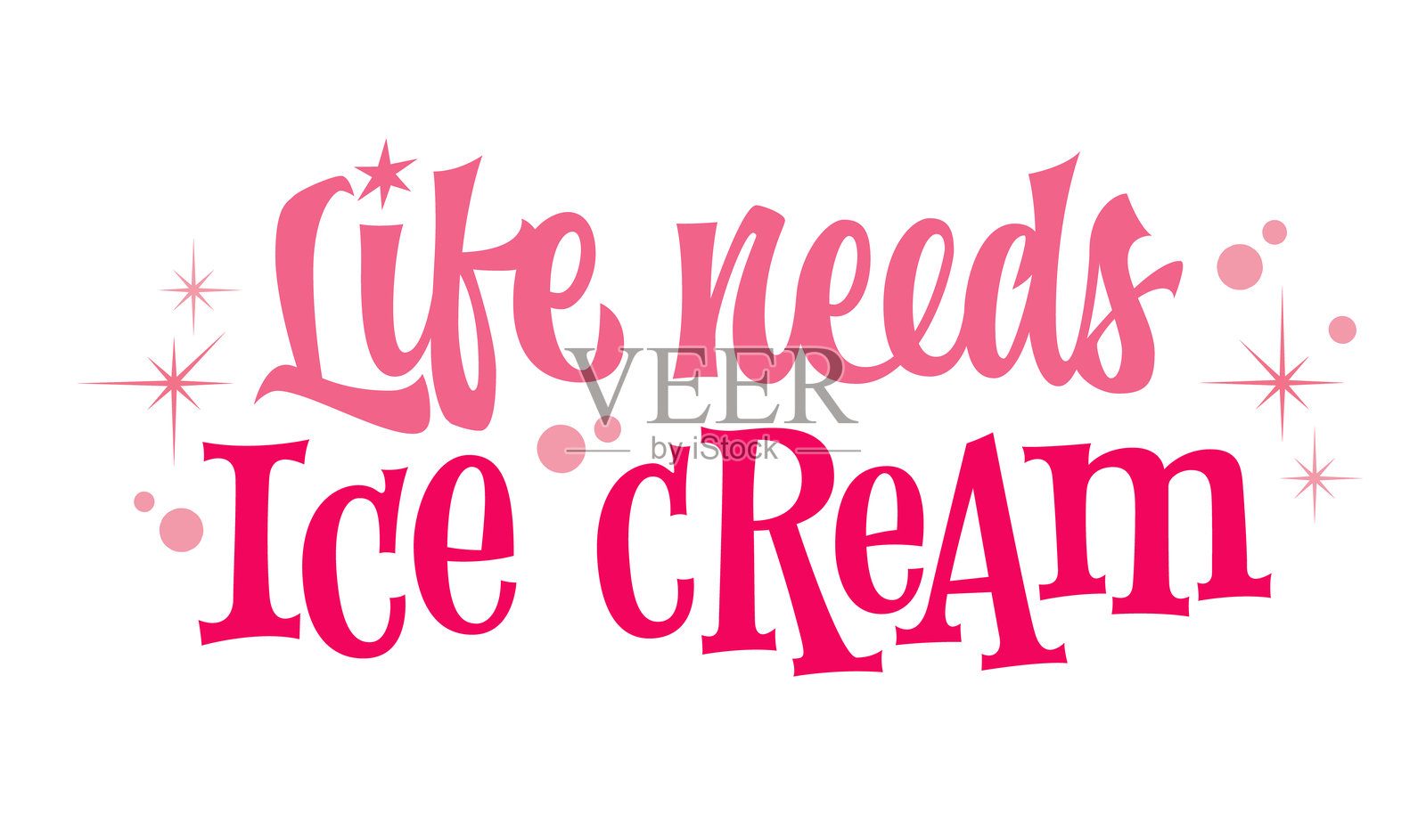 生活需要冰淇淋。复古手写字体结合柔和的粉色调和装饰性星星点缀。复古排版风格和有机形状营造出怀旧的甜美主题图形。插画图片素材