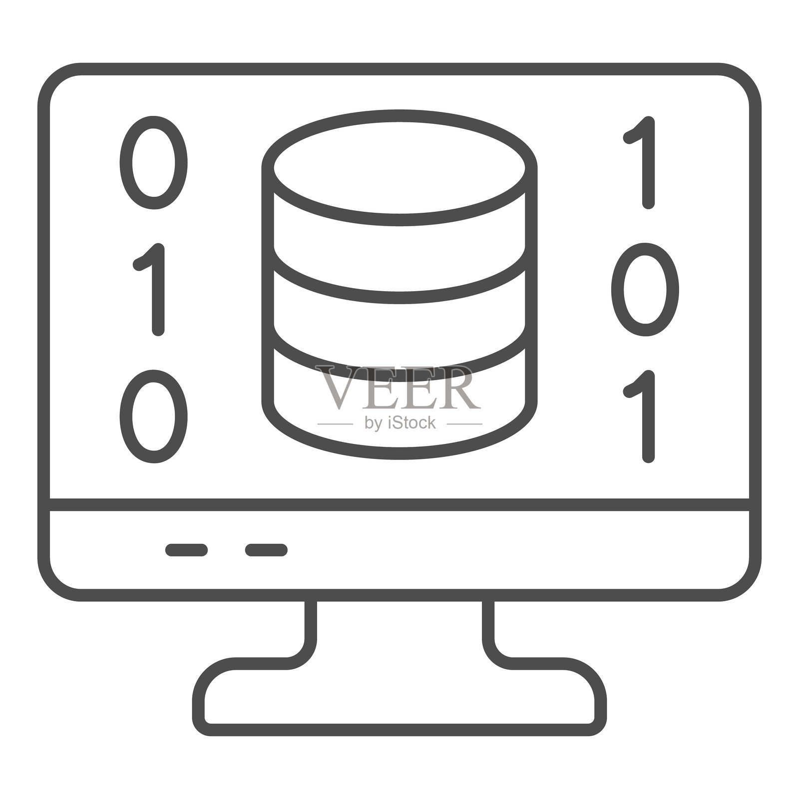 显示器屏幕上的磁盘细线图标,数据加密和存储概念。矢量图形。白色背景上的数字备份标志,适用于移动或网页设计的轮廓风格图标。插画图片素材