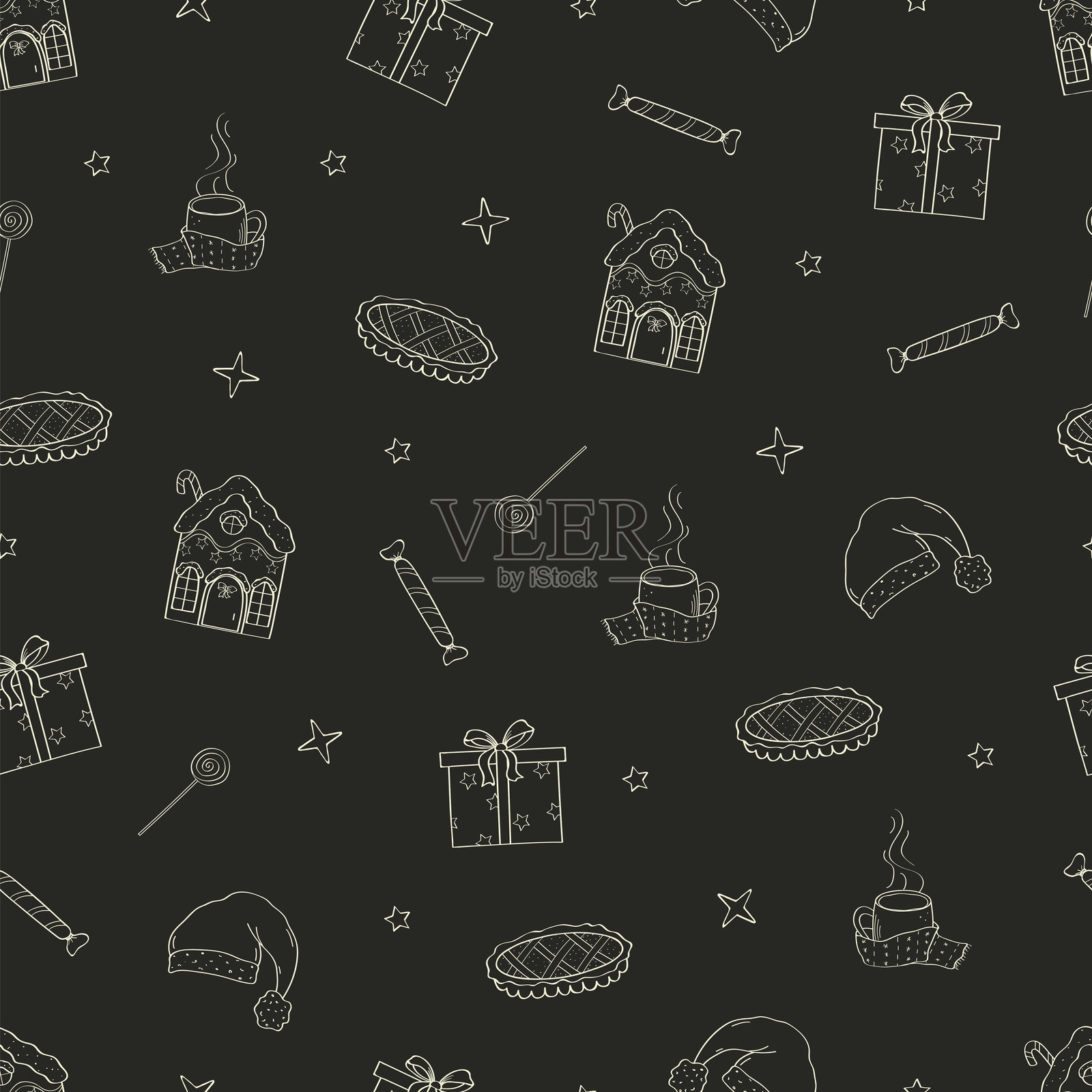 圣诞涂鸦图标背景。无缝图案矢量元素用于设计。圣诞节、新年和节日的概念。插画图片素材