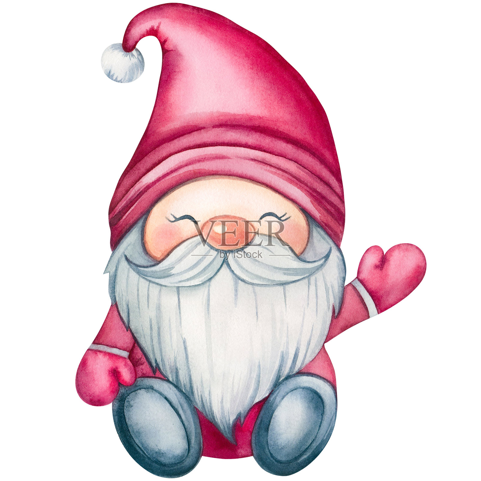水彩风格的孤立插图,圣诞老人可爱的侏儒穿着圣诞服装,举手在白色背景上。插画图片素材