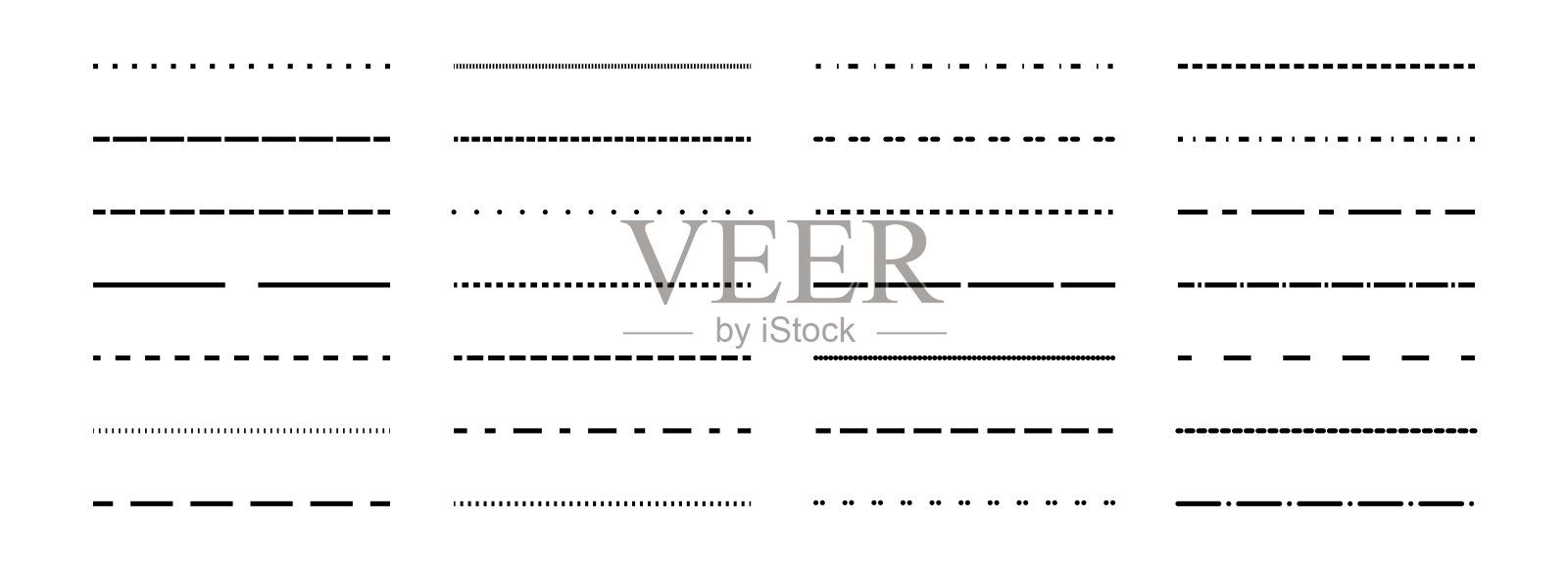虚线细线集合。黑色直线点状条纹合集。用于传单、海报、小册子、横幅、手册、宣传册的分隔元素包。矢量设计包。插画图片素材
