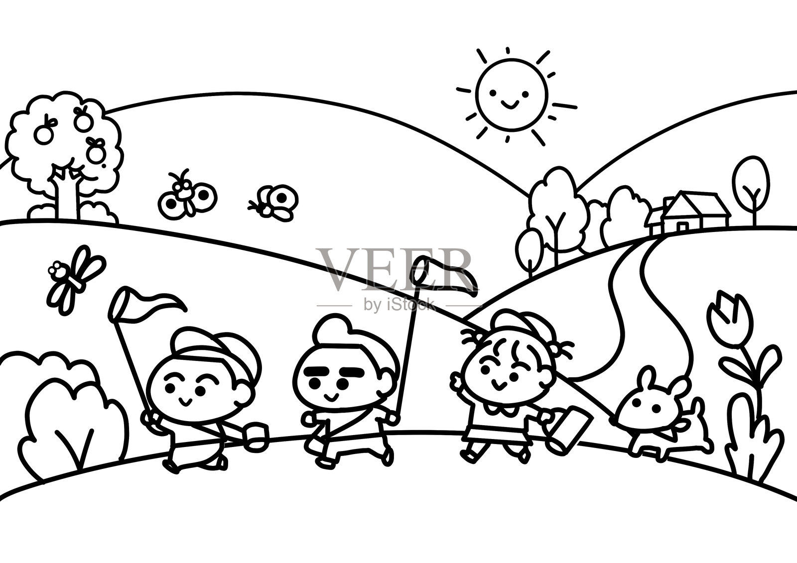 孩子们抓蜻蜓的涂色页风格。插画图片素材