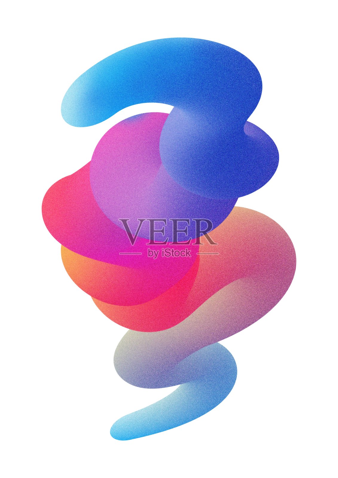 一个充满活力的抽象设计,展现了平滑的渐变流动形状,采用霓虹色彩。柔和的波浪或云朵在白色背景上呈现胶卷颗粒效果。照片摄影图片