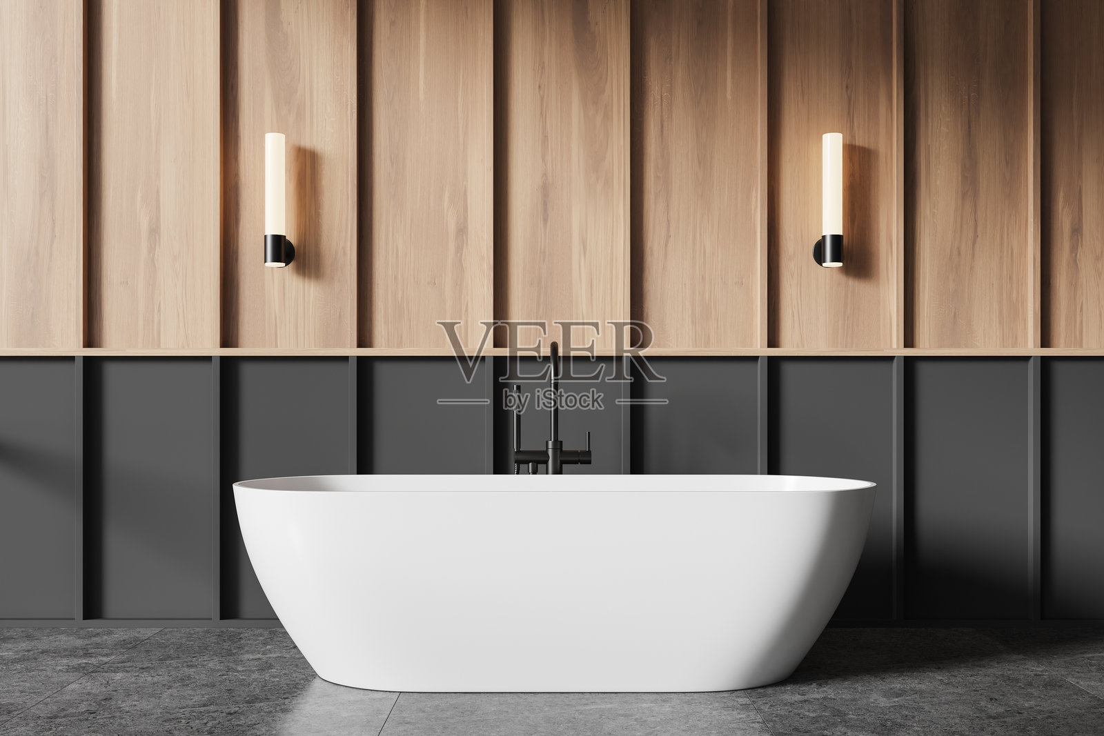 现代浴室室内设计,配有独立浴缸。3D渲染图照片摄影图片