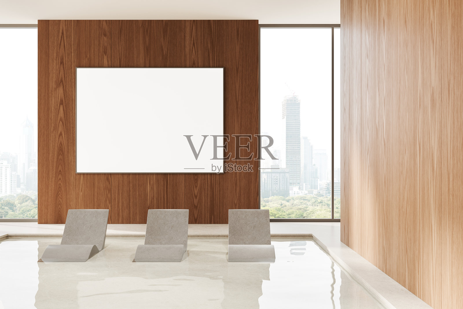 现代室内木墙上的空白画布框架模型。3D渲染照片摄影图片