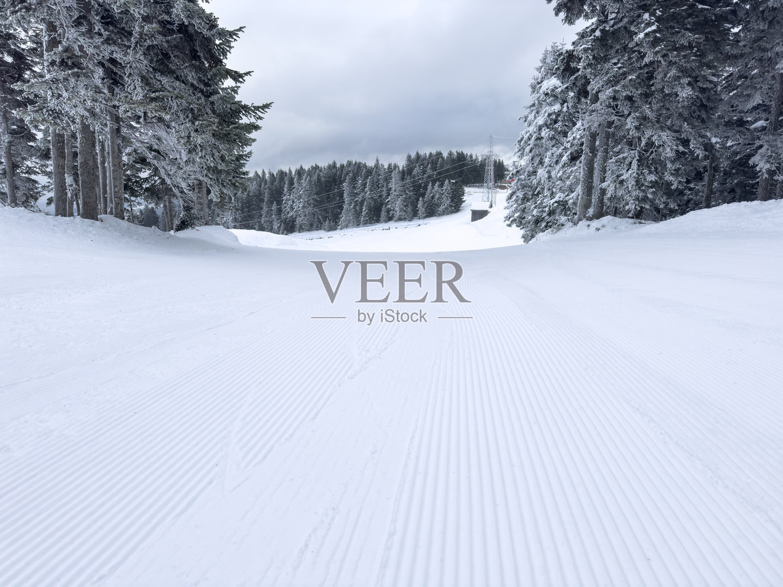 阳光明媚的日子里,新修整的滑雪坡照片摄影图片