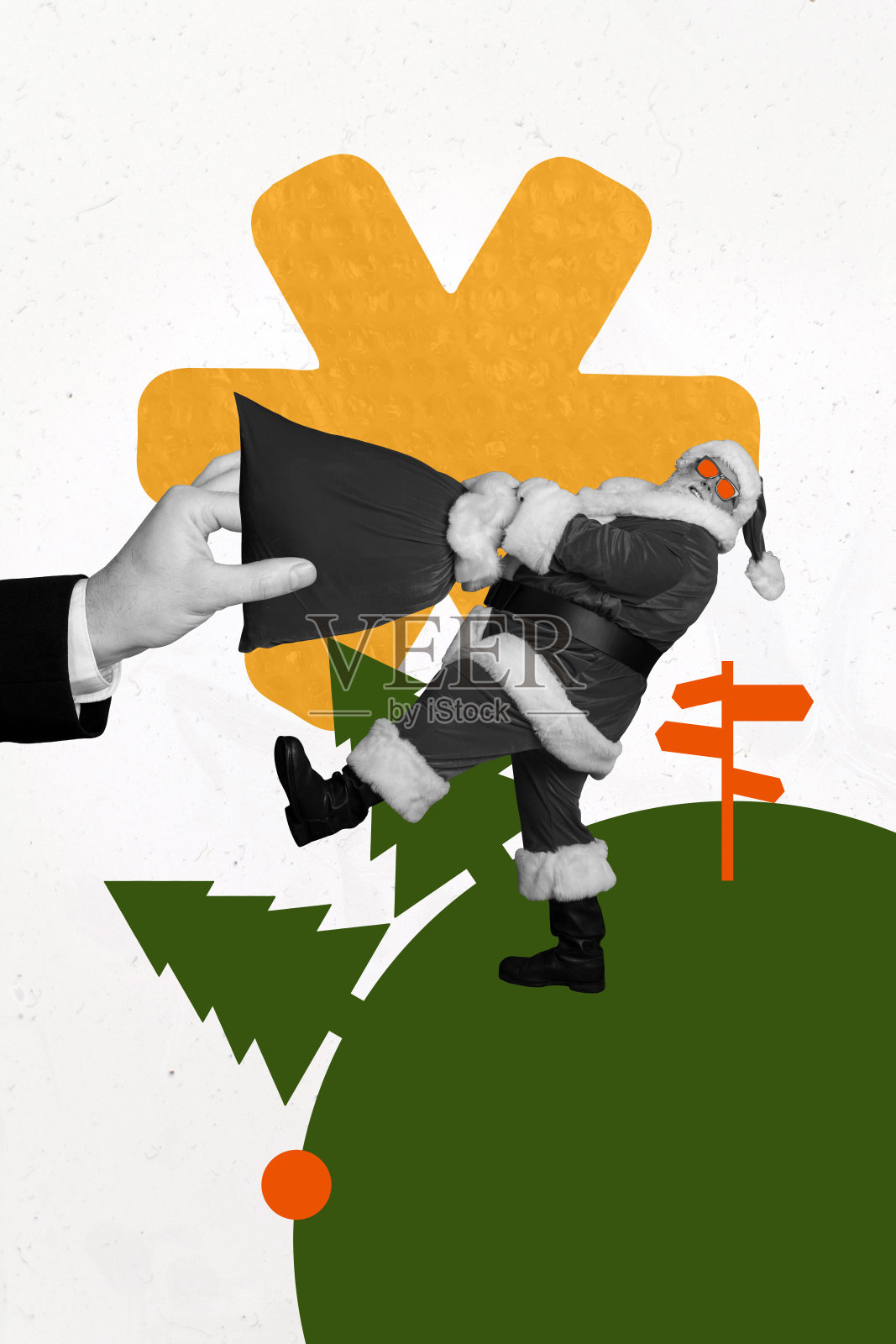 创意艺术海报照片拼贴,快乐女孩坐在巧克力饼干堆上,甜点营养小吃,背景为彩绘图案。照片摄影图片