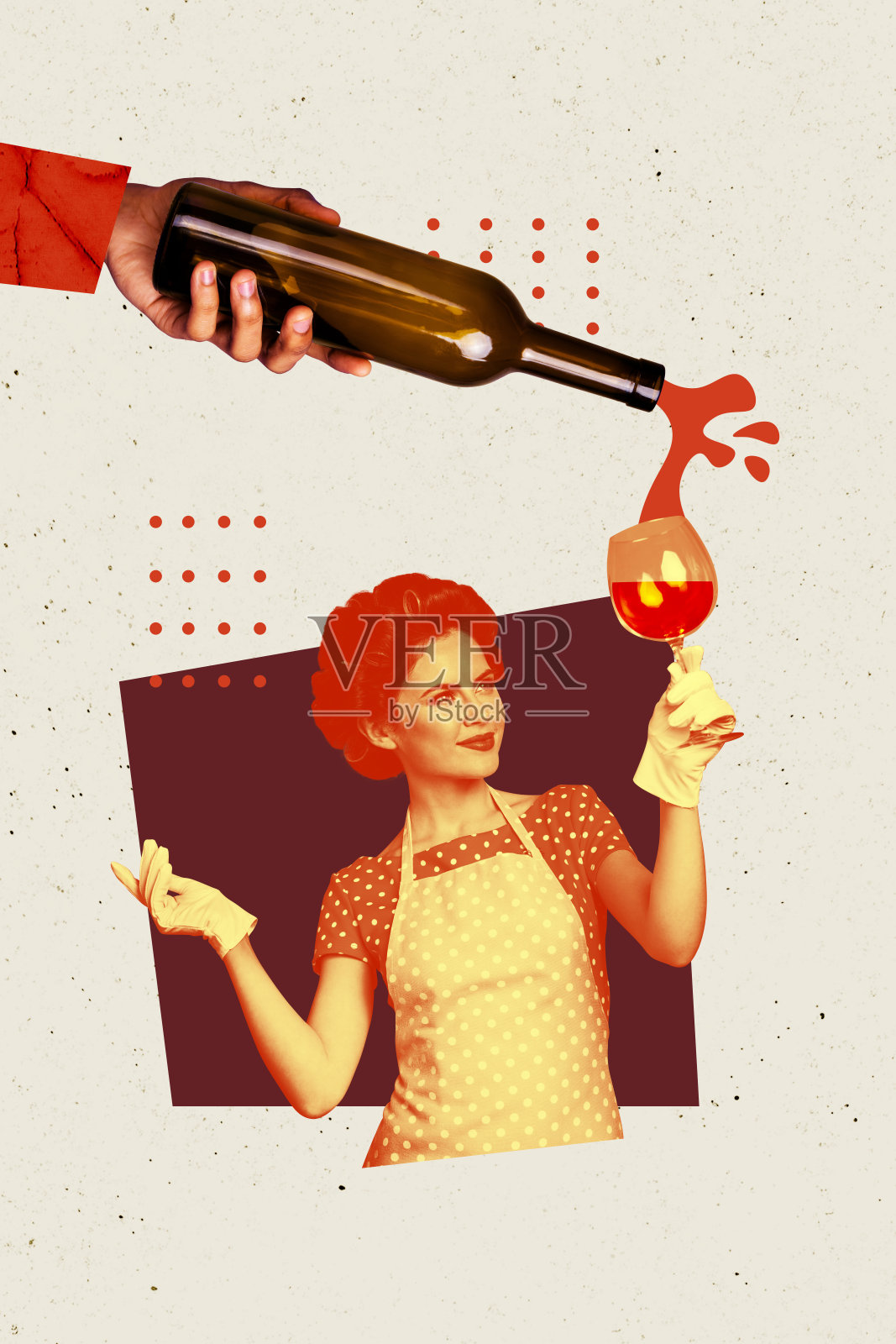 年轻女性家庭主妇手持酒瓶倒酒的节日放松海报合成素描图像拼贴照片摄影图片