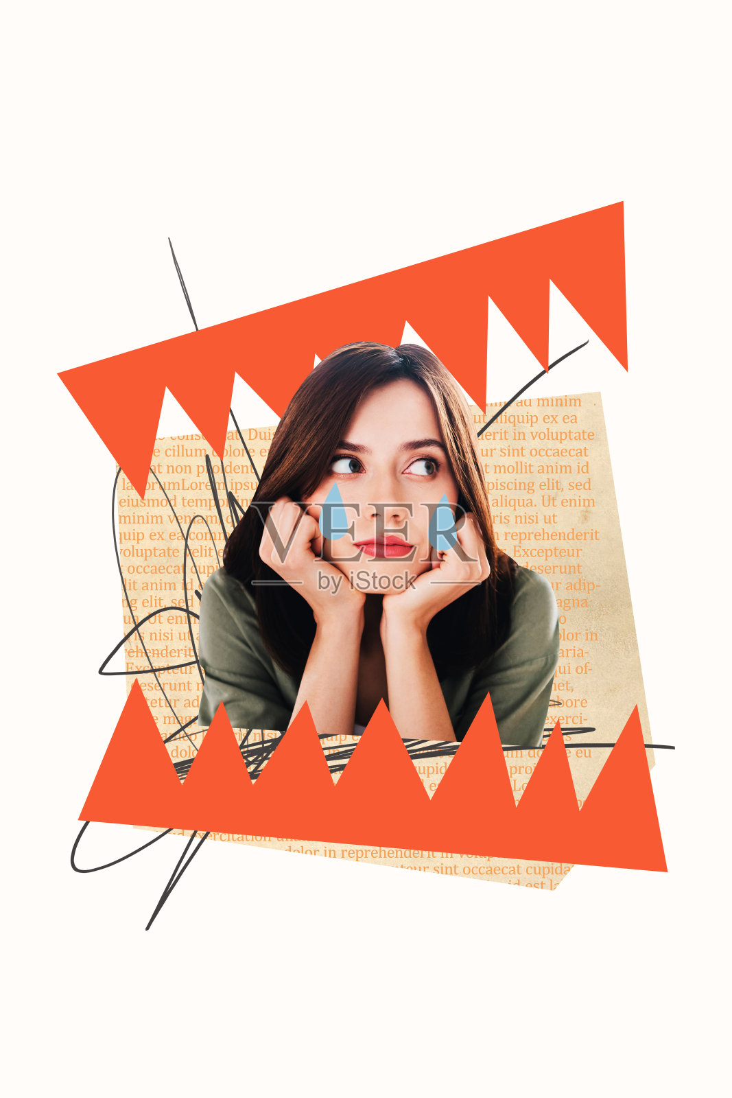 垂直照片拼贴,表现出一个沮丧的女孩哭泣,模仿锋利的牙齿,陷入抑郁情绪、压力和疲惫,背景为涂鸦风格。照片摄影图片