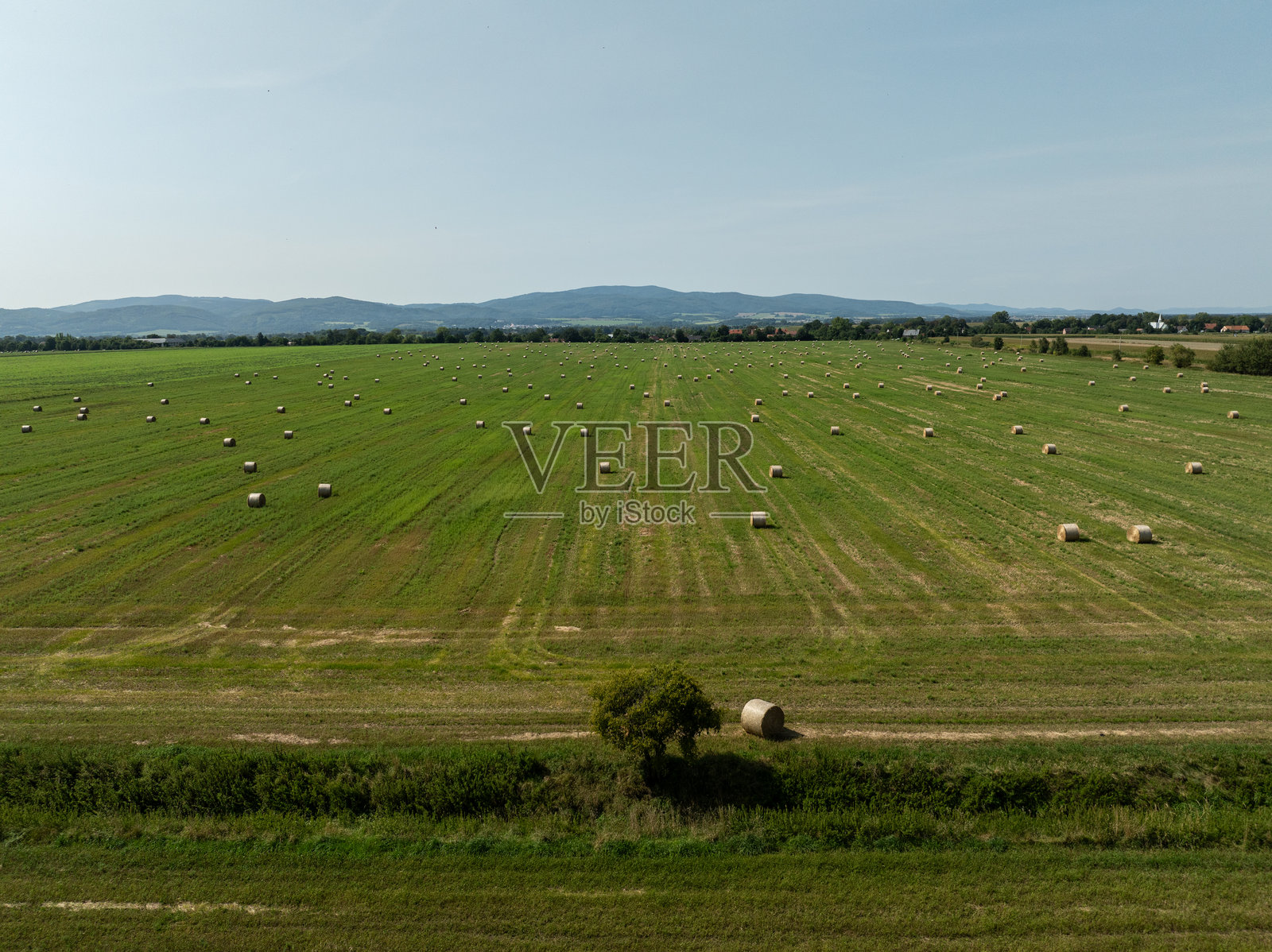 夏季田野风景的鸟瞰图,收割期间干草捆的景象。波兰奥波莱省乡村的绿色田野上满是稻草捆。照片摄影图片
