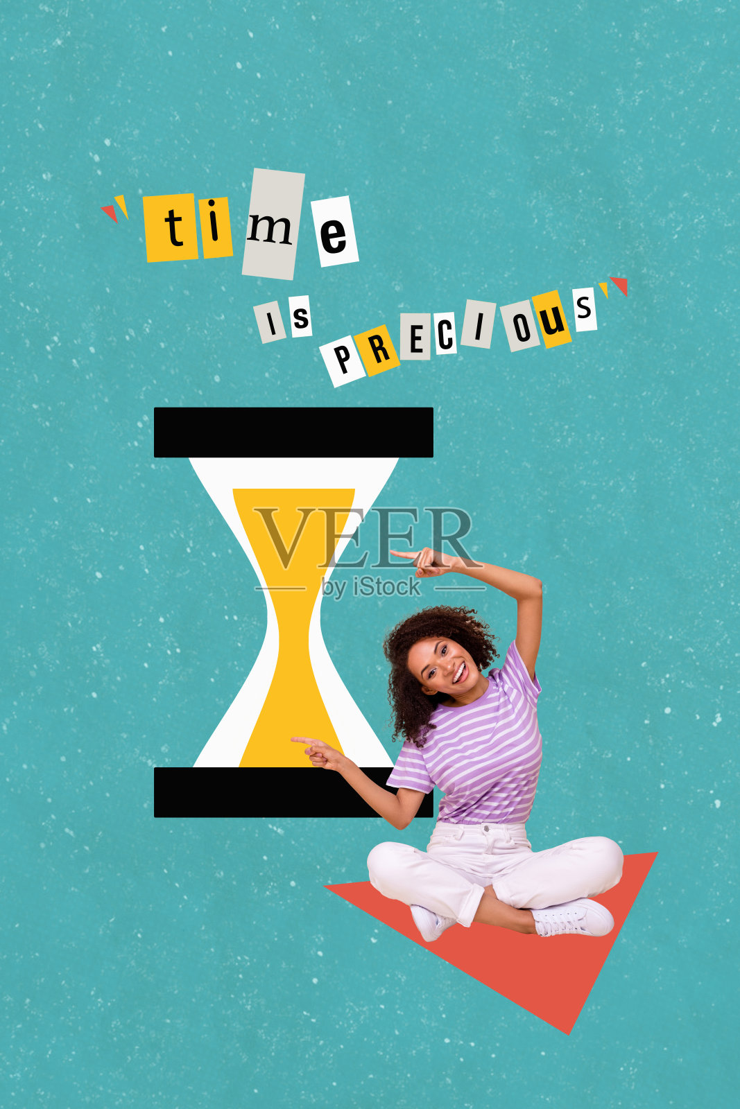 垂直海报拼贴,年轻快乐的女性,时间管理,珍贵的安排,截止日期,指着展示手势照片摄影图片