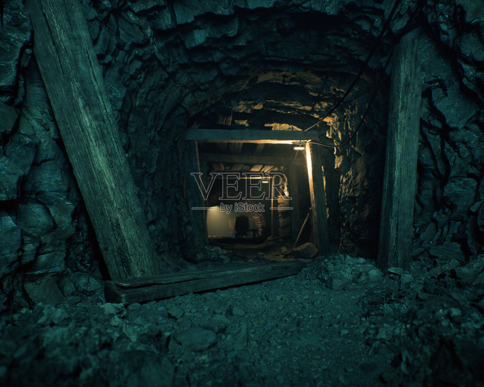 旧矿井的隧道。黑暗、雾气弥漫,神秘的氛围。3D渲染。照片摄影图片