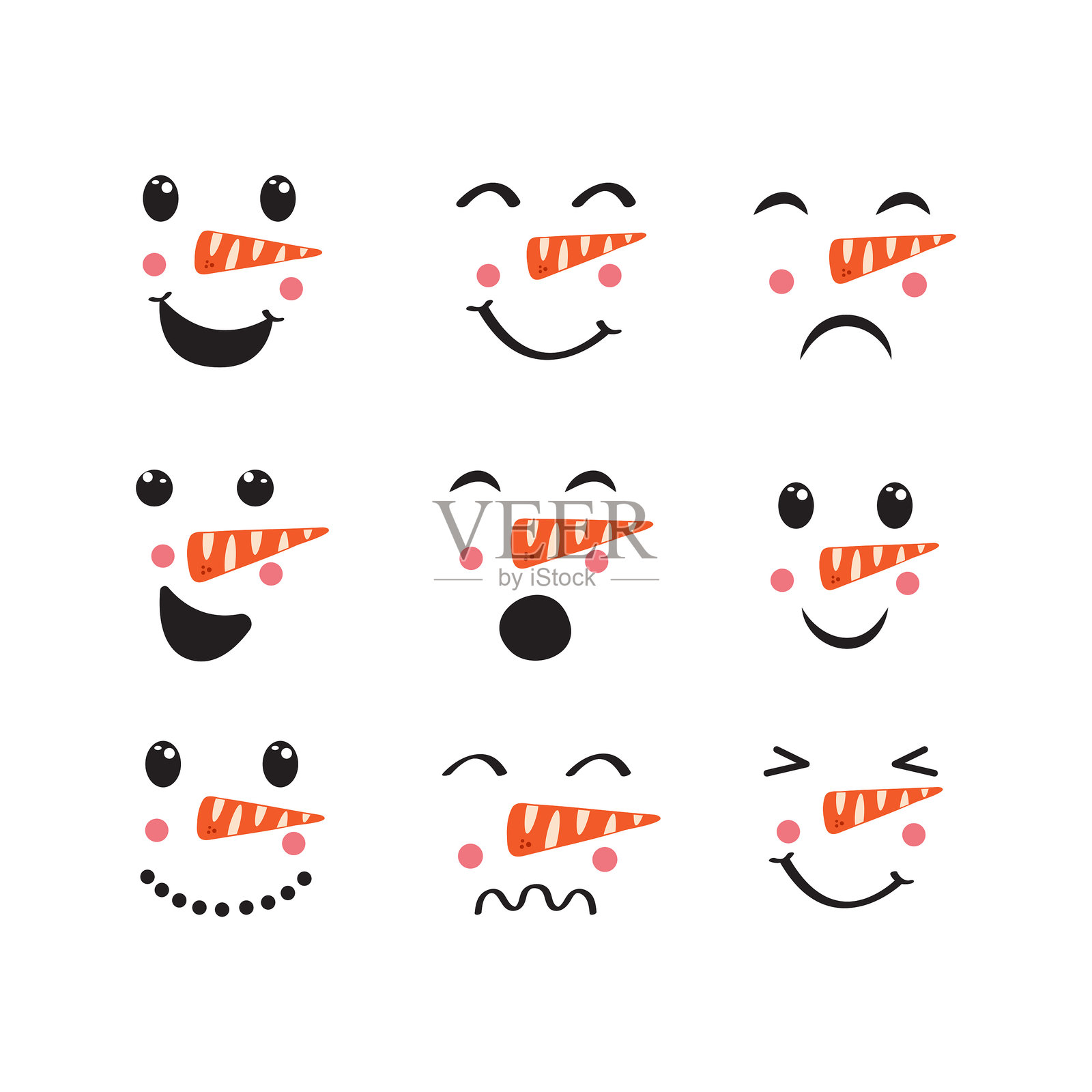 雪人面孔图标集矢量设计。插画图片素材