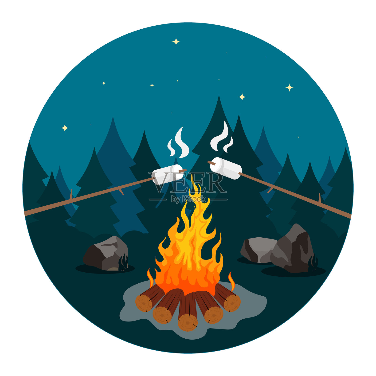 篝火上的棉花糖,夜空下的篝火与棉花糖。矢量,卡通插图。插画图片素材