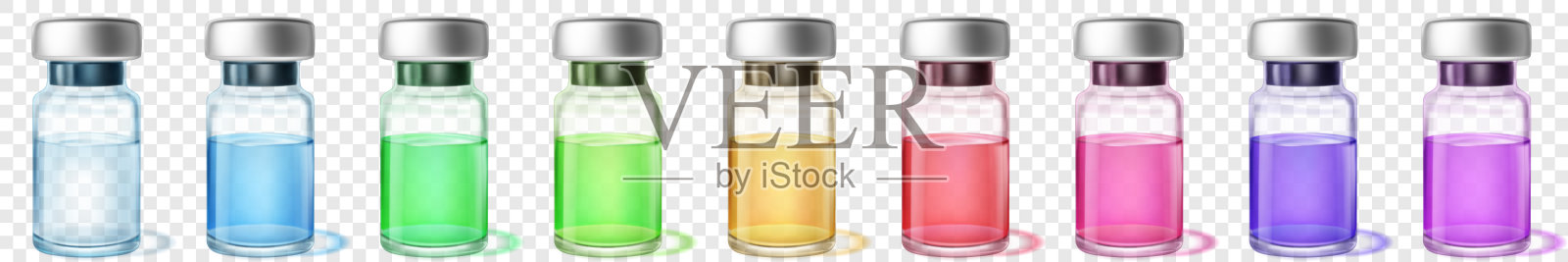 一组装有金属盖的彩色液体玻璃小瓶。插画图片素材