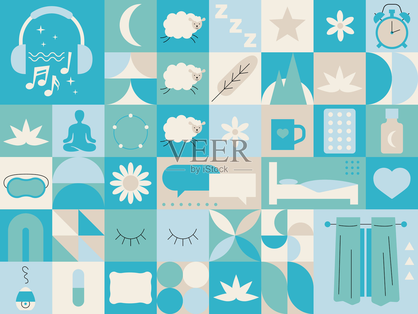 睡眠障碍。失眠系列,合集。睡眠不足。睡眠与心理障碍。睡眠卫生与阶段。维持生物钟节律。插画图片素材