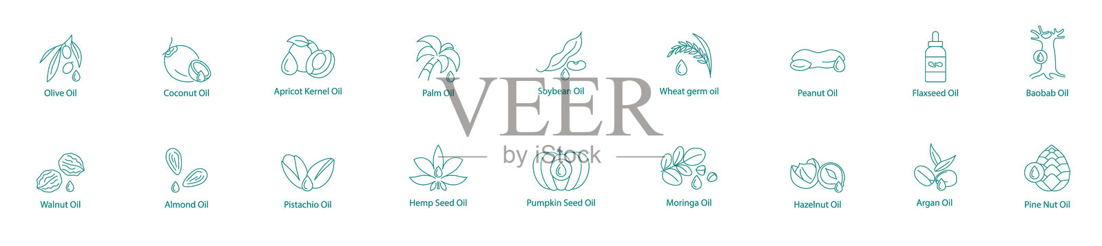 多样化的优质油类矢量图标集:橄榄油、椰子油、杏仁核油、棕榈油、大豆油、小麦胚芽油、花生油、亚麻籽油、猴面包树油、核桃油、杏仁油、开心果油、 hemp油、南瓜油、莫林加油、榛子油、阿甘油、松子油。插画图片素材