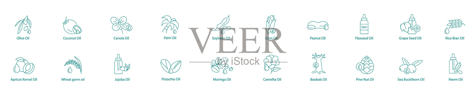 终极天然油集合矢量图标集:橄榄油、椰子油、菜籽油、棕榈油、大豆油、玉米油、花生油、亚麻籽油、葡萄籽油、米糠油、杏仁油、小麦胚芽油、枣油、开心果油、莫林加油、山茶油插画图片素材