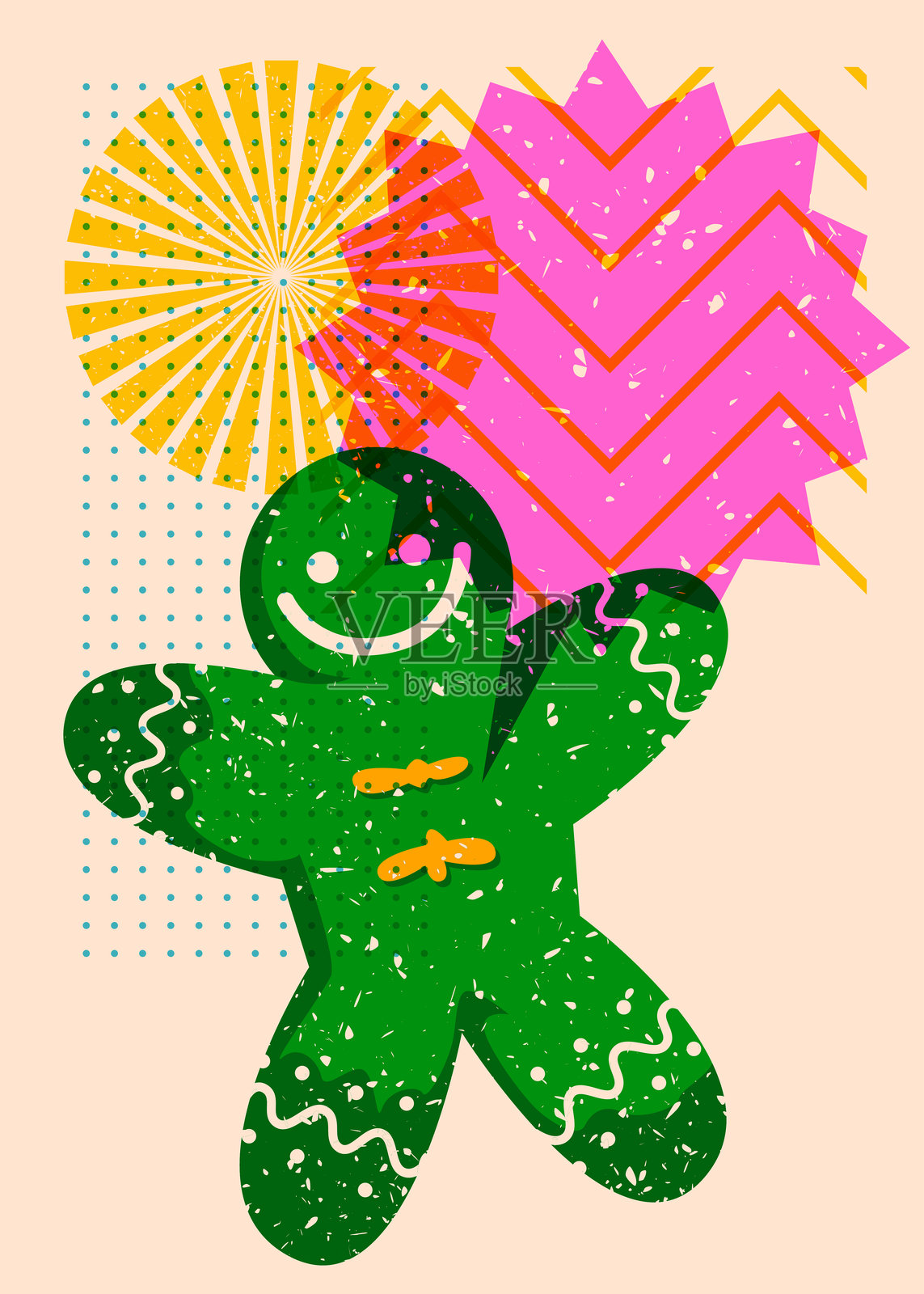 姜饼人圣诞饼干,带有对话气泡和几何形状。物体采用时尚的丝网印刷纹理风格设计,结合几何元素。插画图片素材