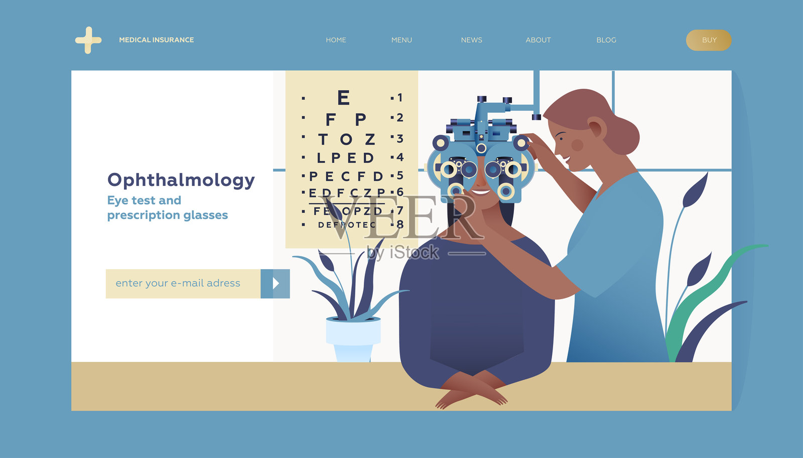 眼科。眼睛检查和处方眼镜。女性医疗专家与患者在医疗办公室使用验光仪。现代扁平矢量插图。着陆页模板。网站横幅。插画图片素材