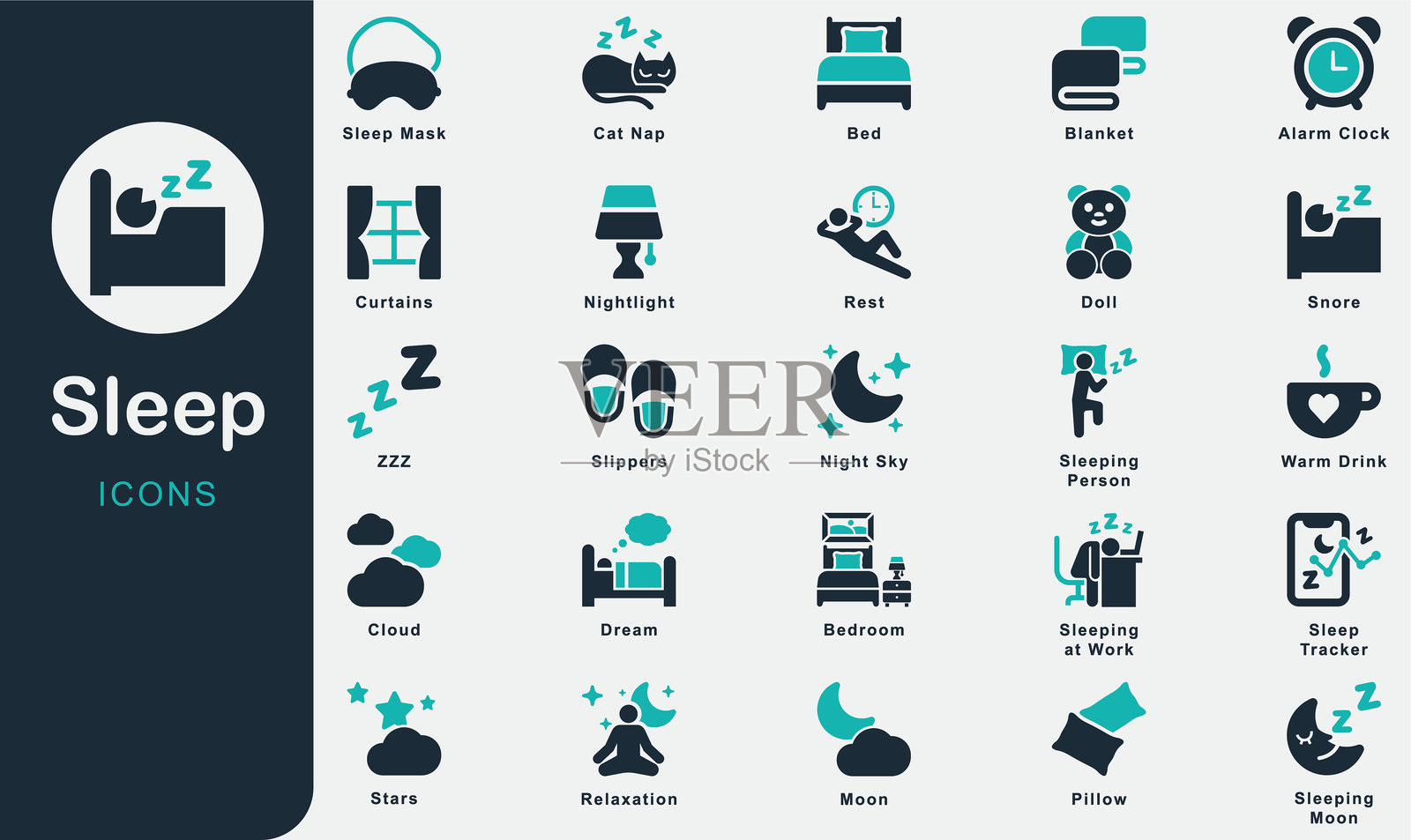 睡眠固体图标集合,包括床、夜晚、枕头、毯子、月亮、星星、睡眠面罩、梦、打鼾、闹钟、夜灯、玩偶、ZZZ、睡觉的人、猫咪小憩、云、拖鞋、热饮。插画图片素材