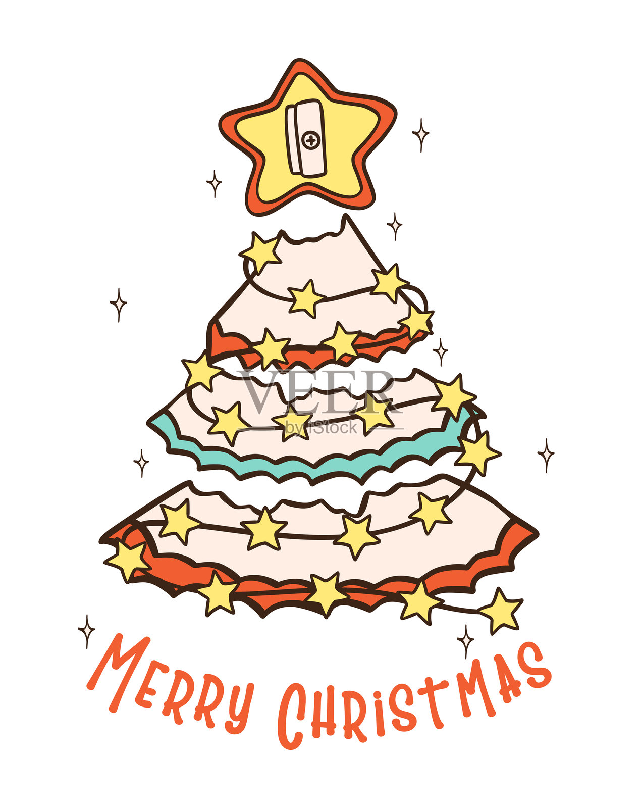 复古圣诞铅笔削笔器手绘卡通涂鸦,充满节日气氛插画图片素材