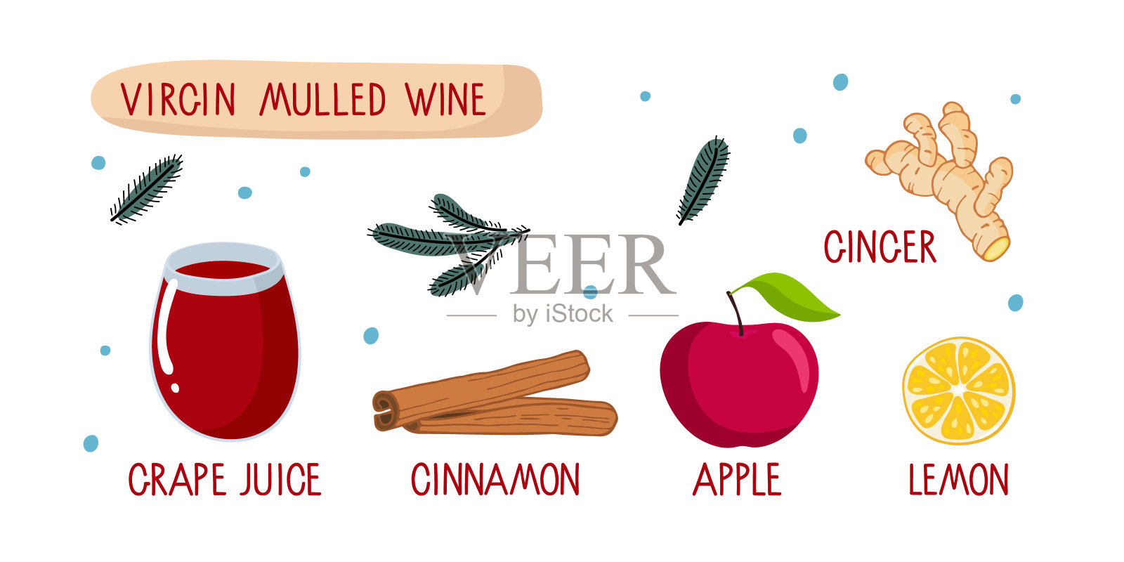 无酒精热红酒。冬季热饮,带有香料的插图。果汁杯、肉桂、苹果、柠檬、生姜、松树枝。热红酒食谱。插画图片素材