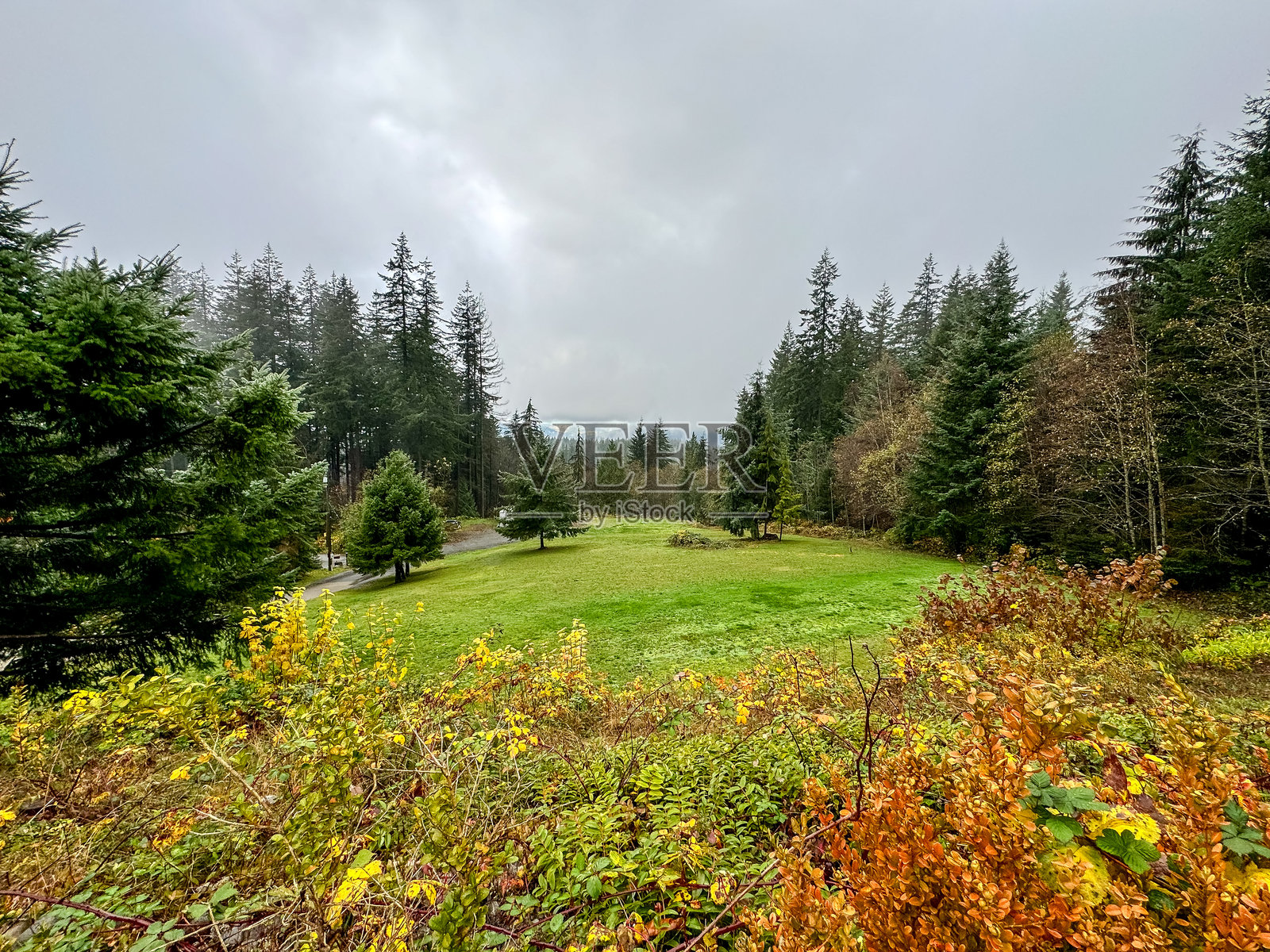 秋季雨天,云层遮挡了不列颠哥伦比亚省安莫尔的布拉德海峡景色。照片摄影图片