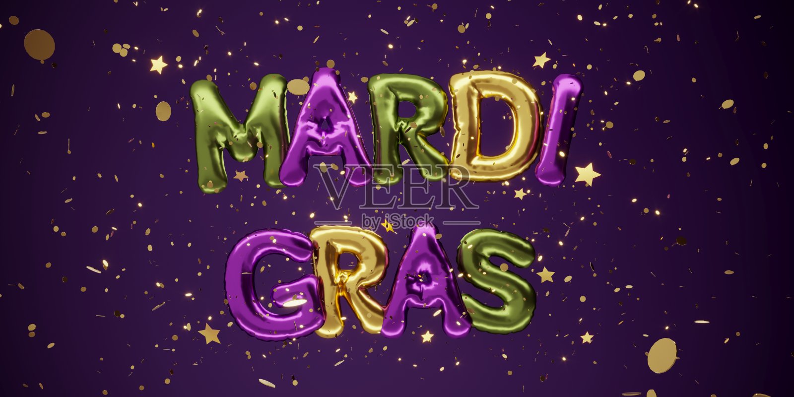 节日的狂欢节背景3D渲染,紫色、金色和绿色字母,面具,糖果。照片摄影图片